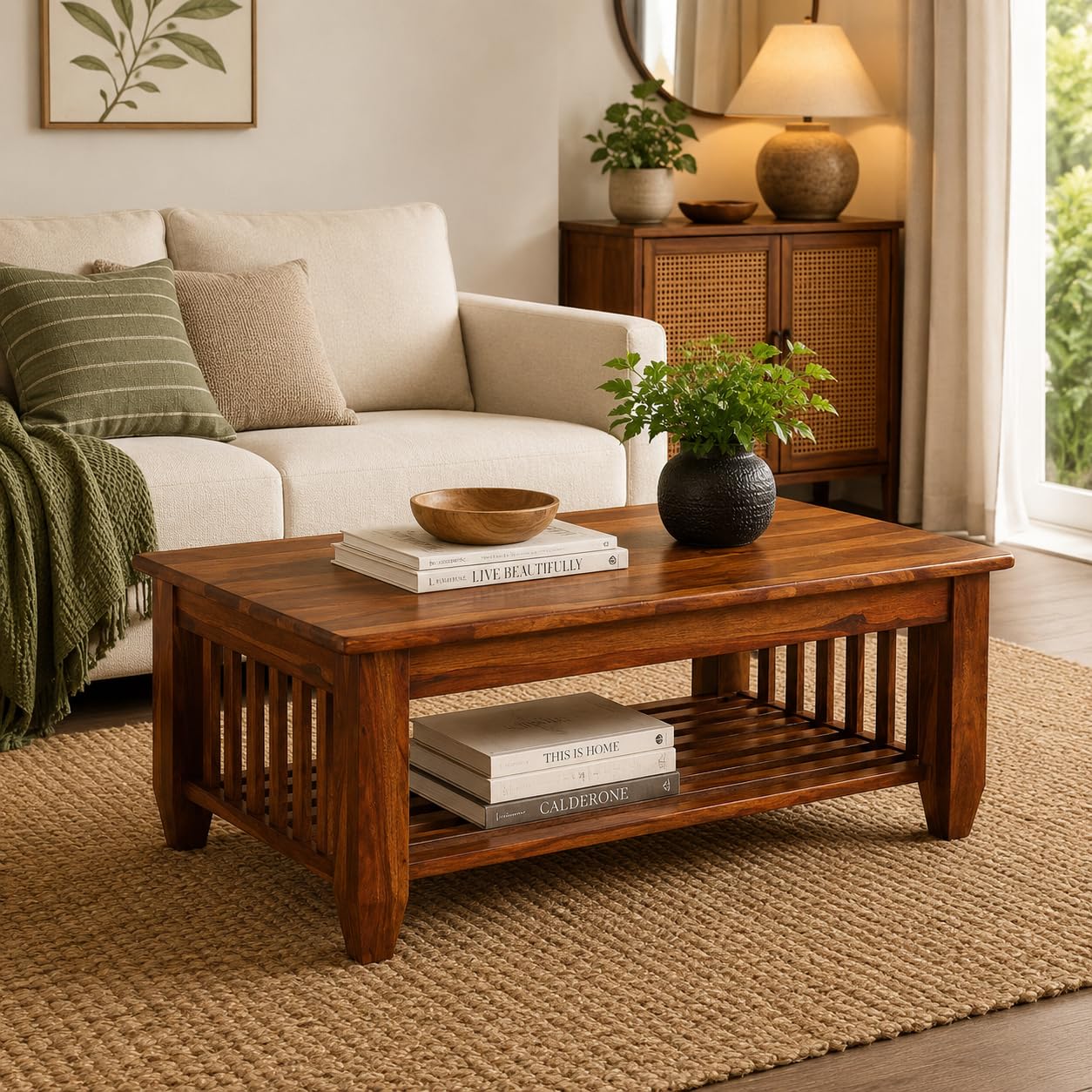 RATANDHARA FURNITURE Wooden Center Coffee Table with Storage | Solid Sheesham Wood Centre Table for Living Room, Drawing Room & Office | Honey Finish-picture-35