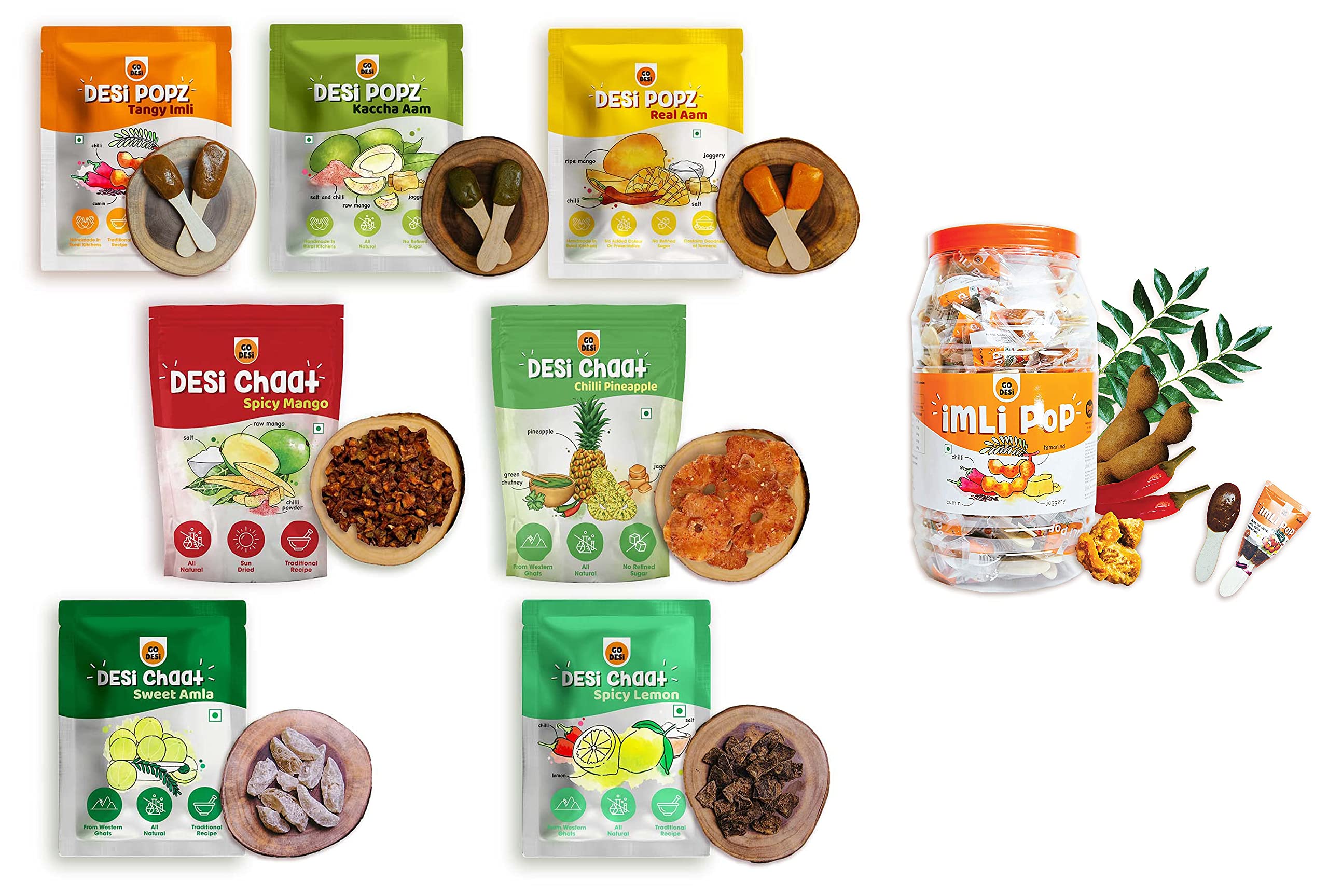 GO DESi Trial Pack & Imli Pop Tamarind & Jaggery Candy| Tangy Imli | Imli Candy | Lollipop | Digestive Candy (100 Piece), Jaggery, 900 Gm