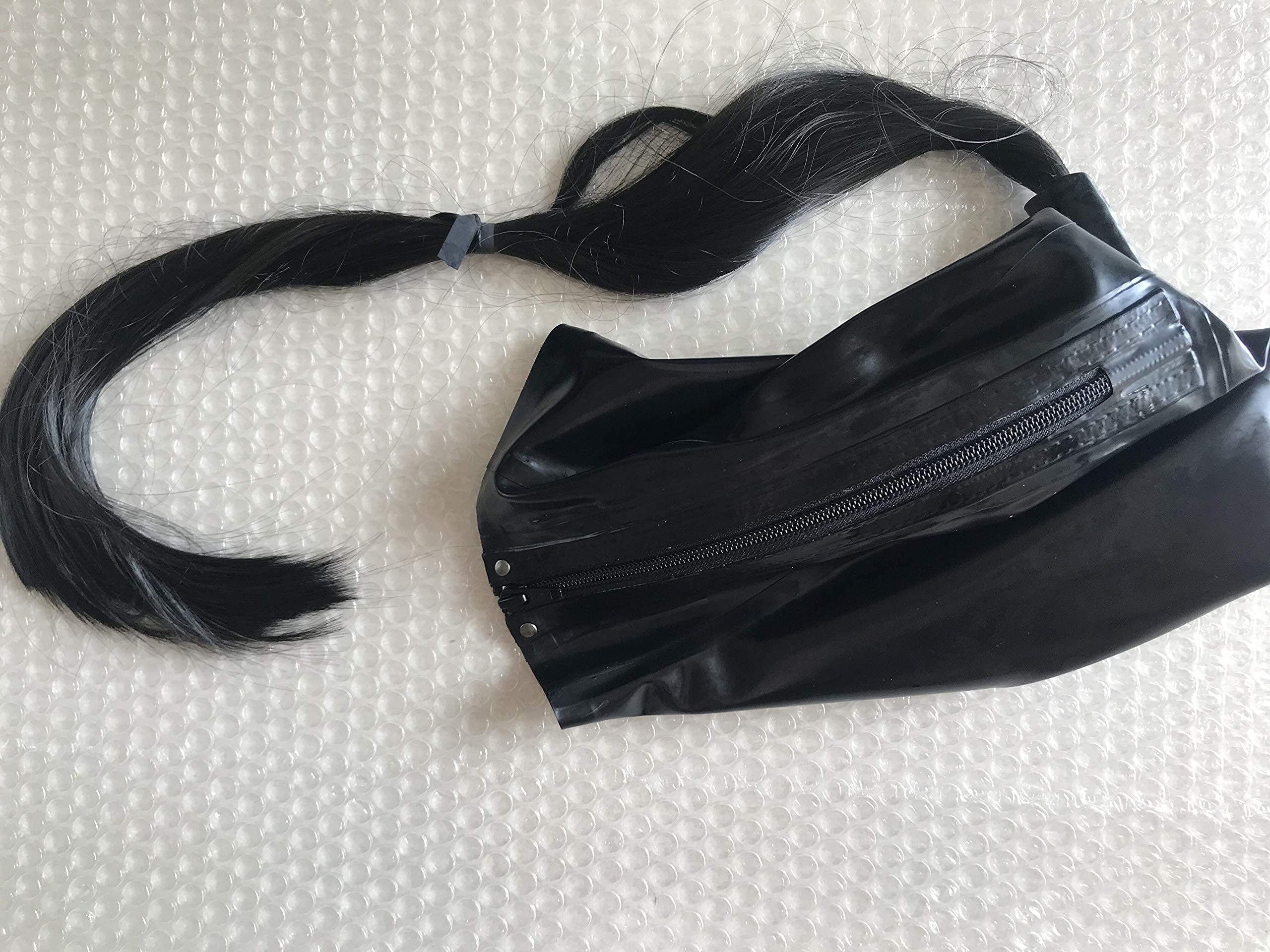 MFMYEE Masque en latex avec perruque en latex, coiffe BDSM bondage cosplay, masque de fête Halloween. (M)
