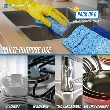 Dishwashing Sponge Scourers - Dual-Sided Cleaning Kitchen Sponge & Non Scratch Scourers - Sponges Washing Up For Dishwashing, Kitchen, Sink, Bathroom - Pack of 6
