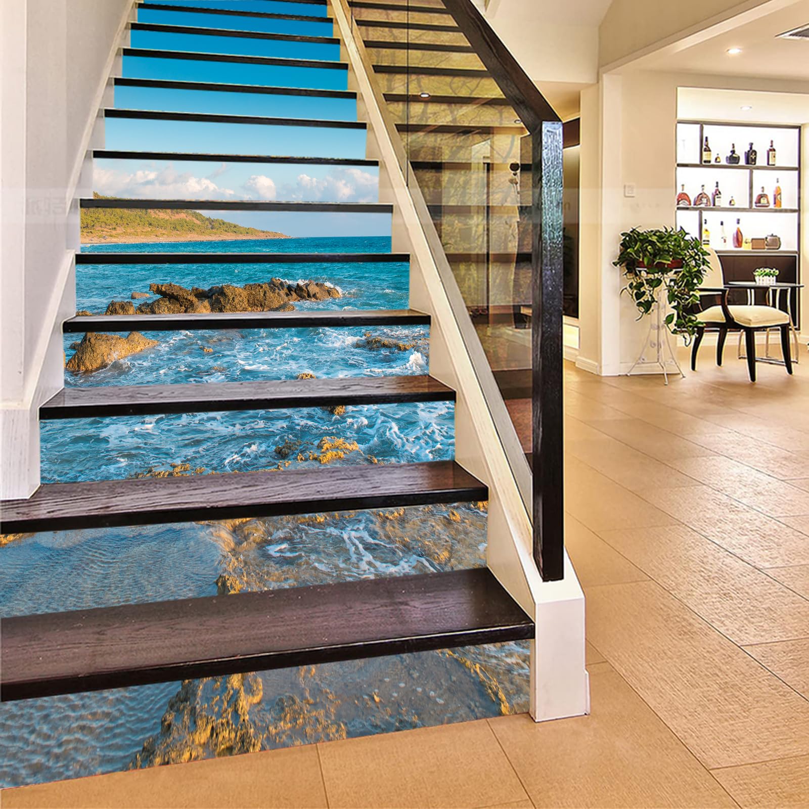 Flfk G1058 13Pcs Stair Risers Stickers Peel And Sick 39.37"X7.08",Self-Adhesive Staircase Stickers Decals, Blue Ocean And Rocks Mural Wallpaper For Stair Steps