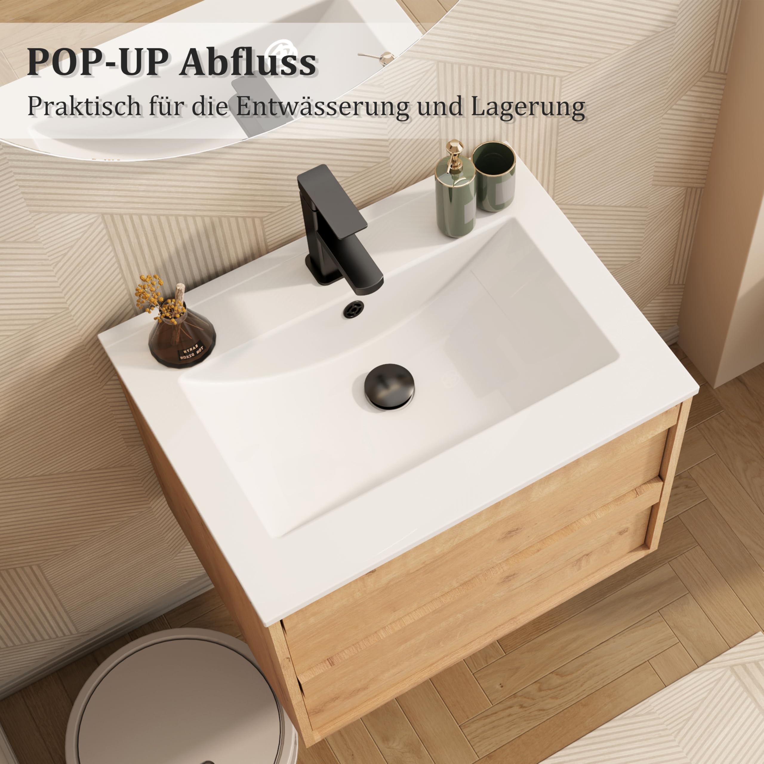 UEV Waschtisch mit Unterschrank, Waschbeckenunterschrank 60cm hängend, mit Soft-Close-System, Waschplatz, Aufsatzwaschbecken, Badezimmmer Möbel für Gäste WC, Badmöbel Set für Badezimmer, Natur