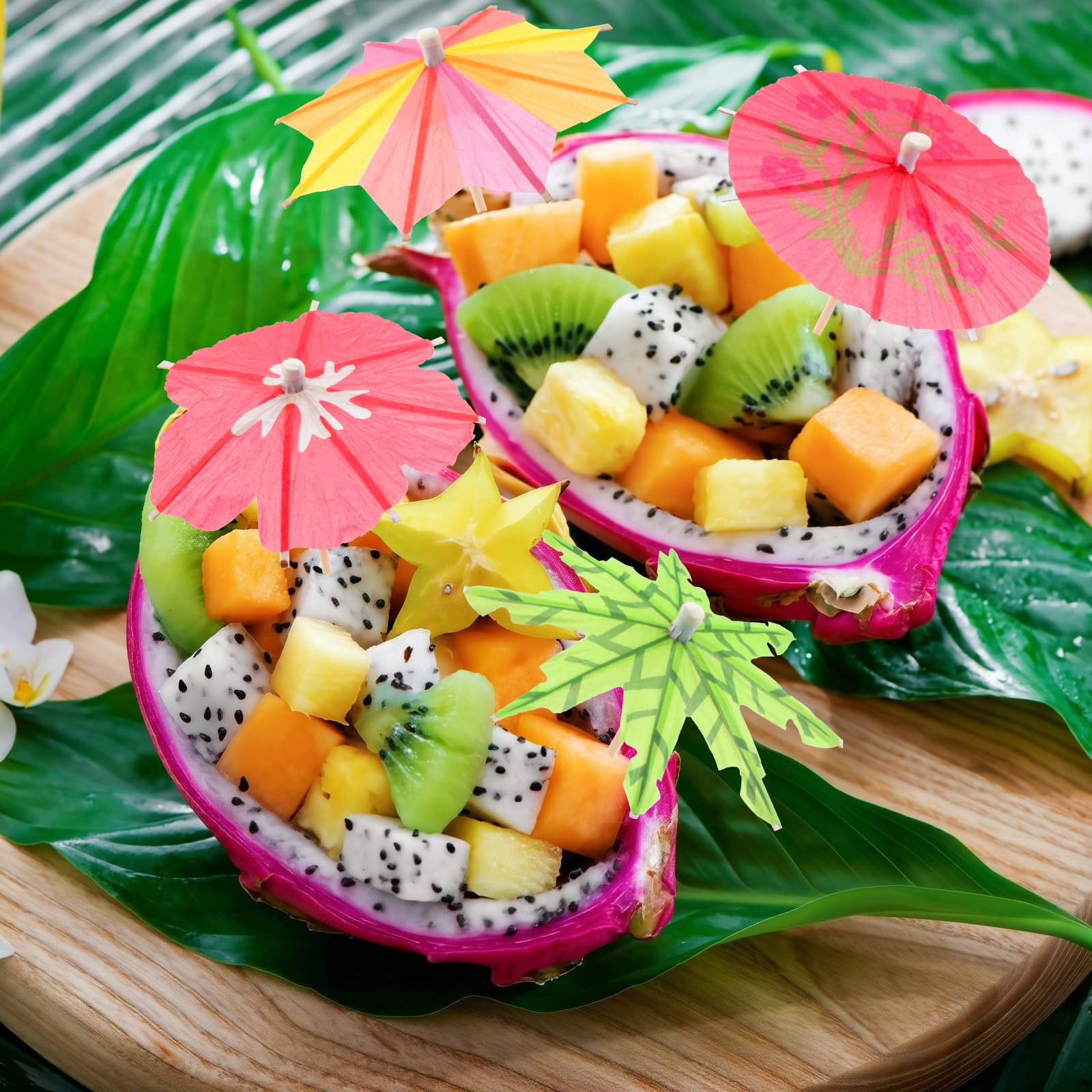 [4 estilos] Sombrillas de cóctel para bebidas, palillos de dientes, palillos de cóctel de variaciones coloridas con palos de madera, mini sombrillas de papel para decoraciones de fiesta Tiki Luau y