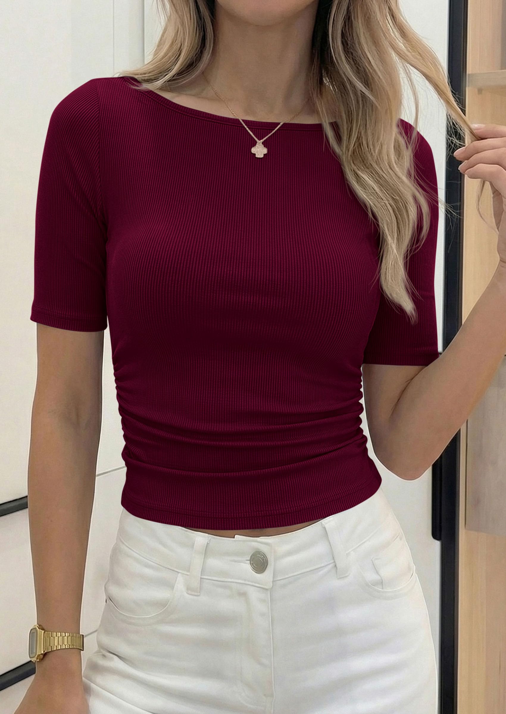 PRETTYGARDEN Womens Summer Short Sleeve Tops Boat Neck Ribbed Knit Slim Fit T Shirt Casual Basic Top 2026 Spring Clothes