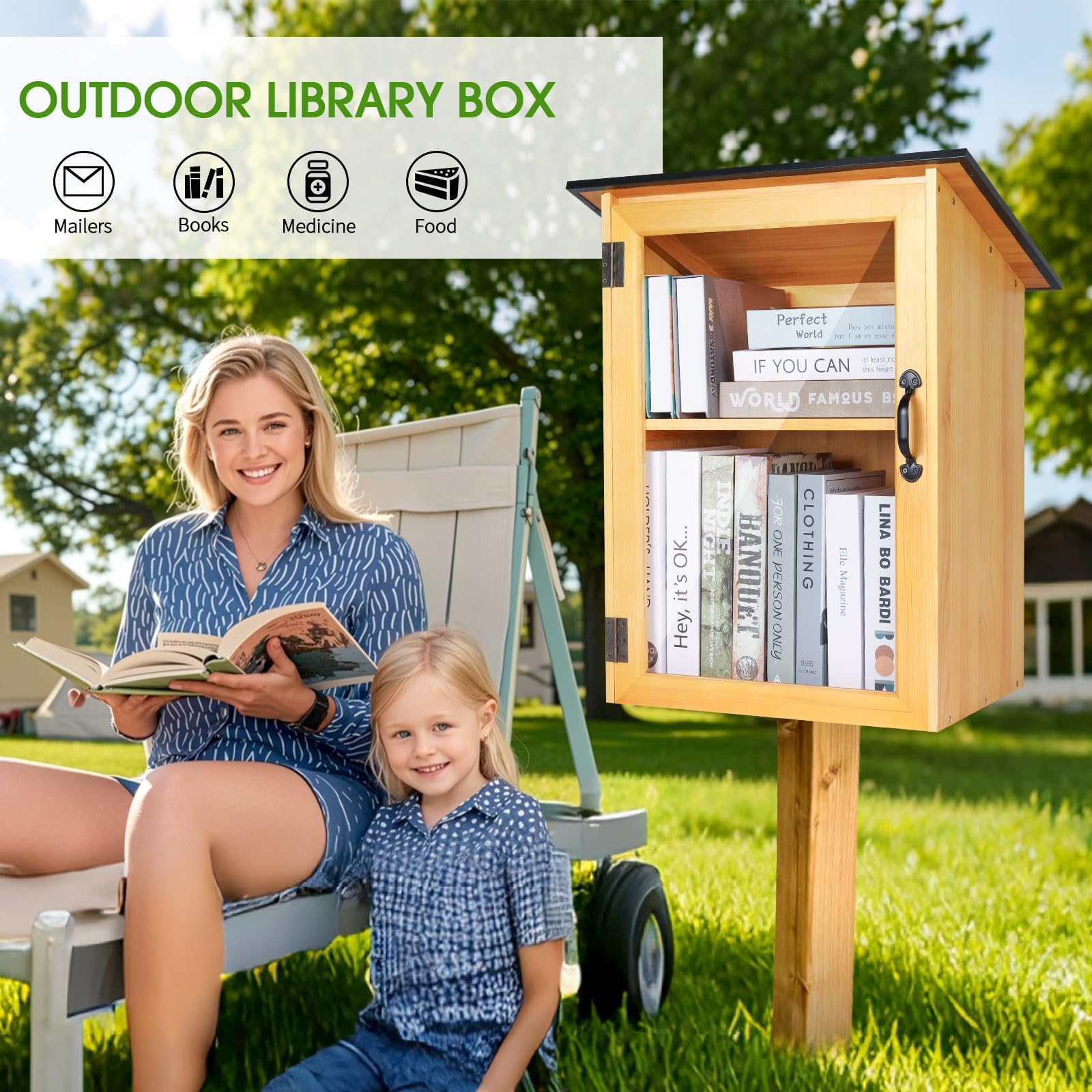 Bibliothek Buchbox für den Außenbereich, doppelte kostenlose Literaturaustauschbox, Bücheraufbewahrung, kleiner Holzschrank mit Regal für Heimwerker, Nachbarschaften, Gemeinschaft und Schulen, zum