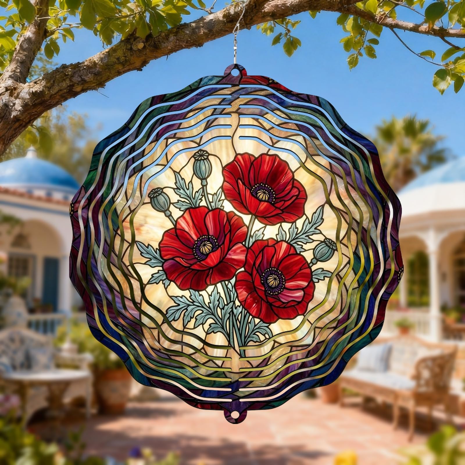 Poppy Wind Spinner, Floral Leaf Stem Spring Red Metal 3D Outdoor Wind Sculptures Ornaments Gifts for Garden Yard Patio Lawn Party Decor 12 Inch