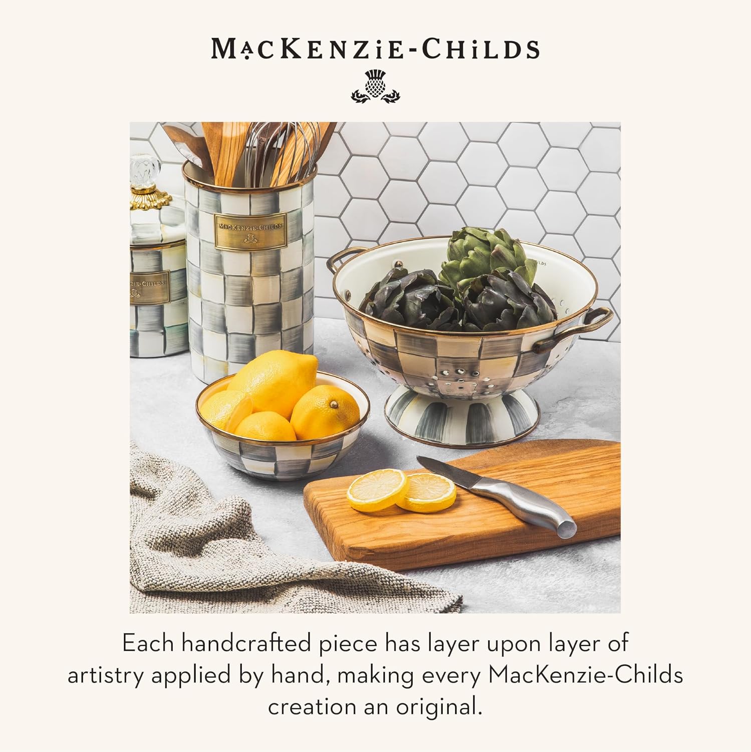 MACKENZIE-CHILDS Enamel Everyday Bowl, Serving Bowl for Entertaining, Extra-Small, Gray-and-White Sterling Check, Set of 1