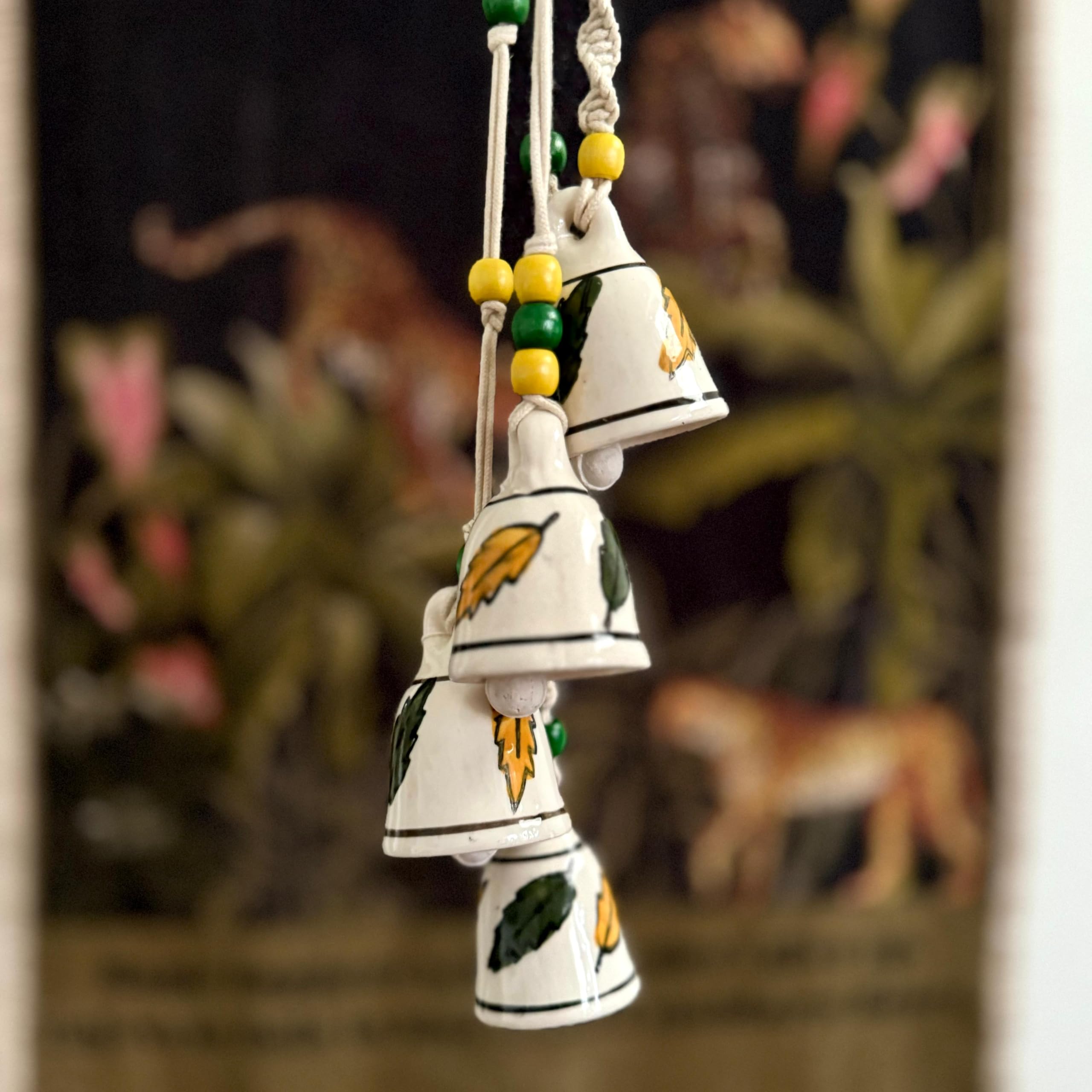 Gathari Macrame Symphony, 4 Mini Ceramic Bells Home Wall Décor Handmade Home Wall Décor, Wind Chime. (Yellow & Green)-image-6