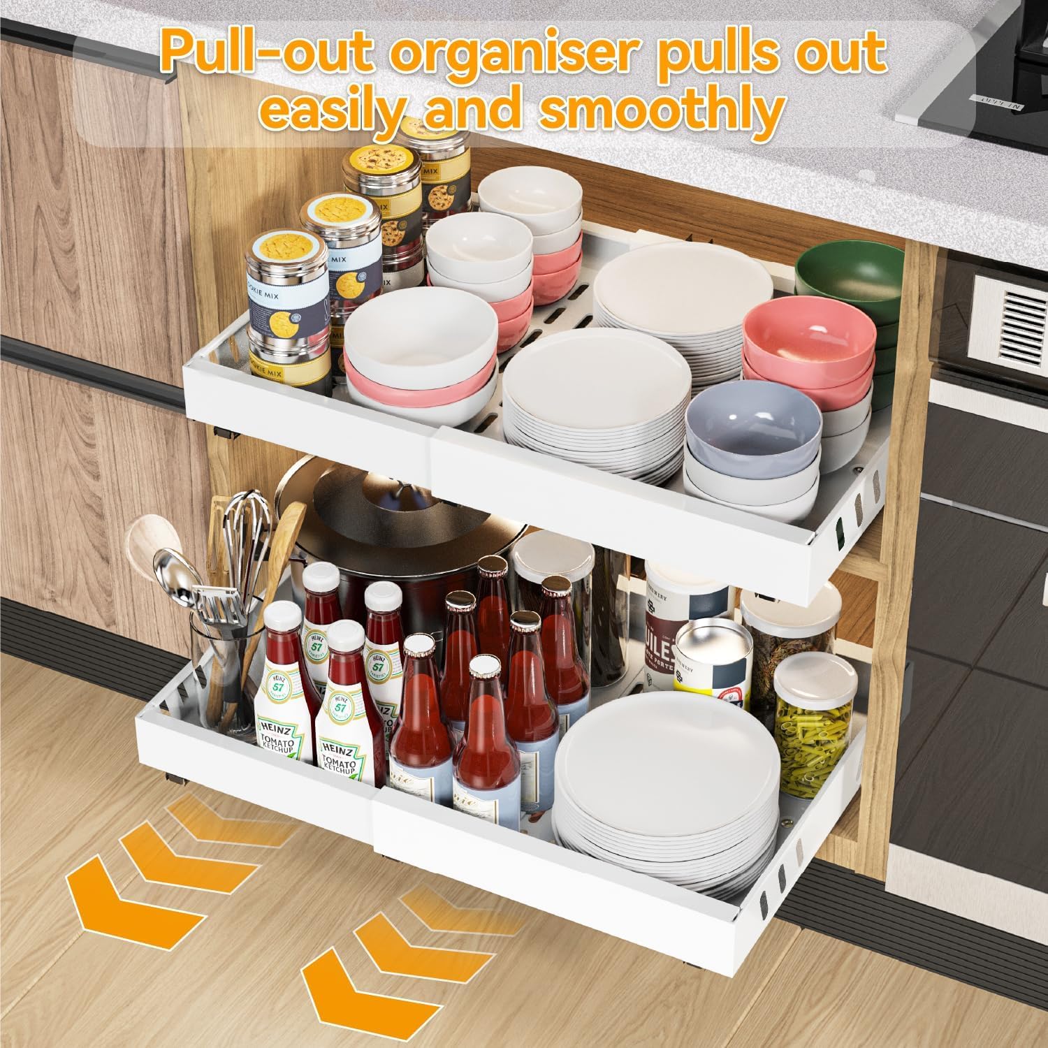 iHomara Set da 2 organizer estraibili adesivi per armadi da cucina, cassetti scorrevoli e ripiani per l'organizzazione della dispensa, larghezza regolabile da 32 a 53 cm