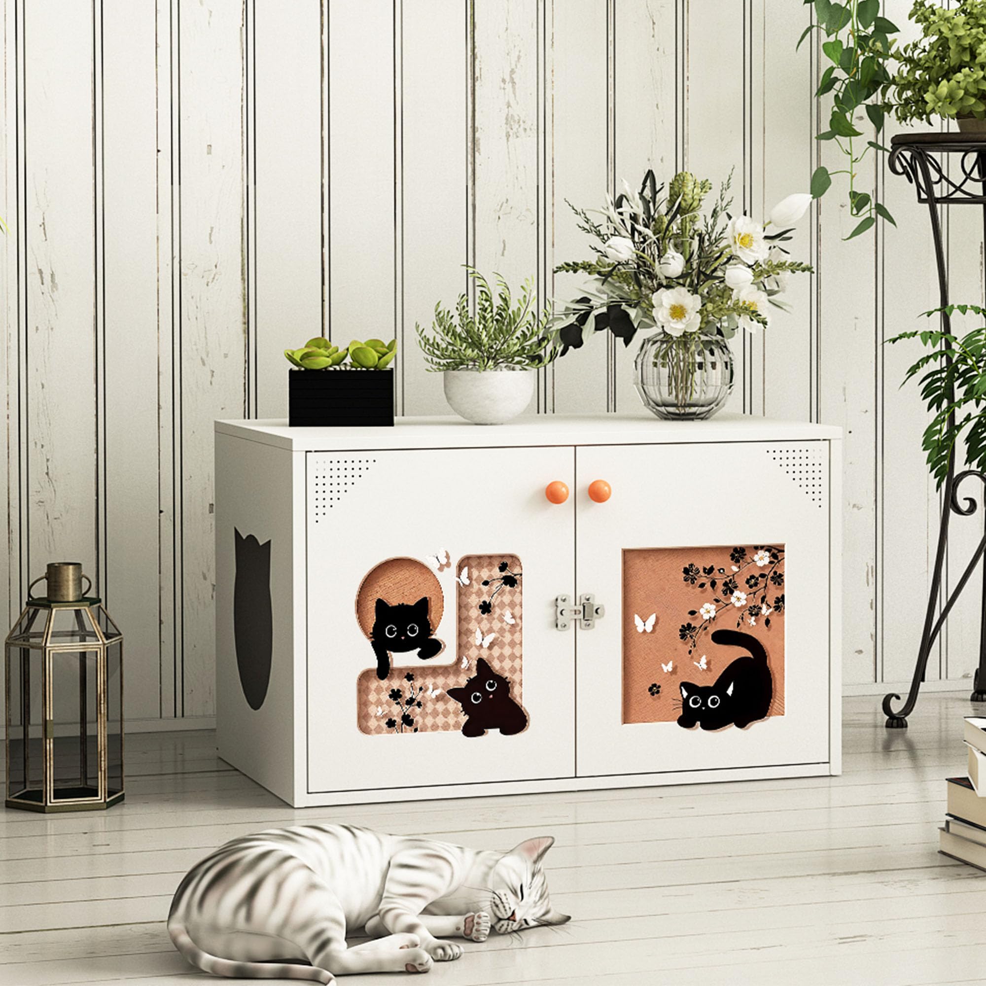 Cat Litter Box Enclosure, Metal Hidden Litter Box Furniture Decorative Cat Cabinet with Removable Divider, Side End Table with Patterned Door, Dog Proof Indoor Cat House (White)