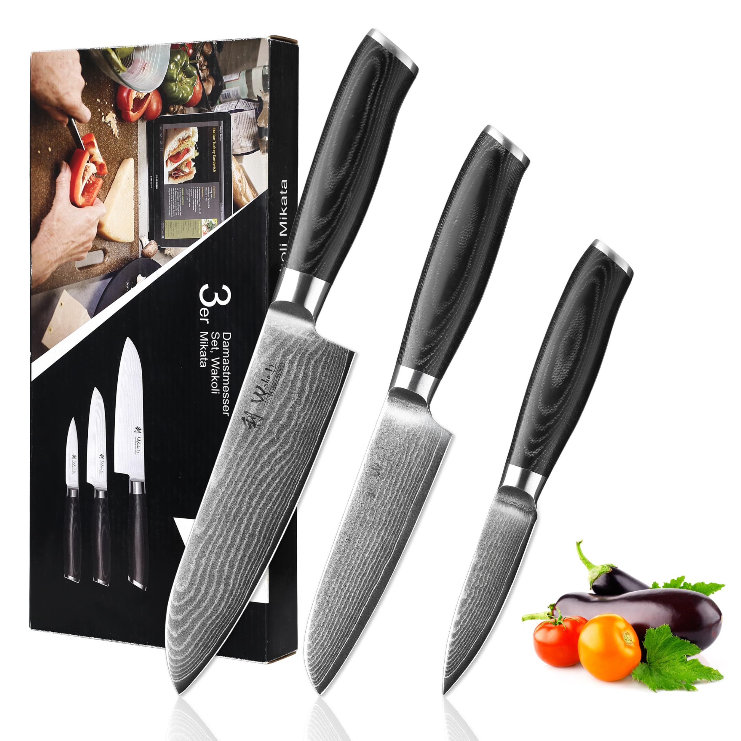 Wakoli Mikata 3-teiliges Messerset aus 67 Lagen Damaststahl mit VG10 Kern | Santoku, kleines Santoku und Officemesser; Micarta-Griffe, Geschenkbox, beidseitiger V-Schliff, für Fleisch, Fisch und Gemüse