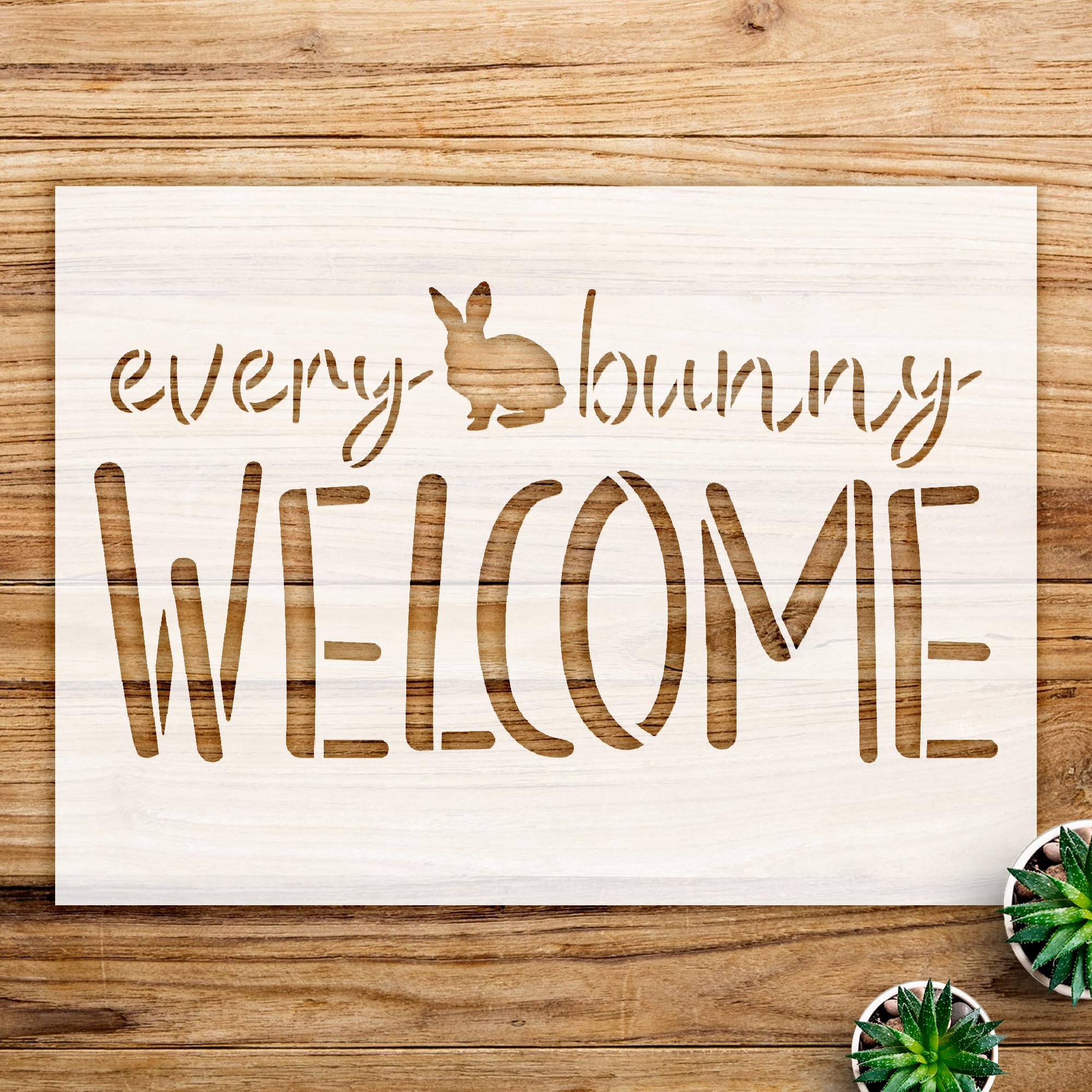 Bunny Welcome Stencil for Walls and Crafts, Reusable Mylar Template, Cursive Spring Home Decor and Easter Script Word Art - Size A3 (16.5