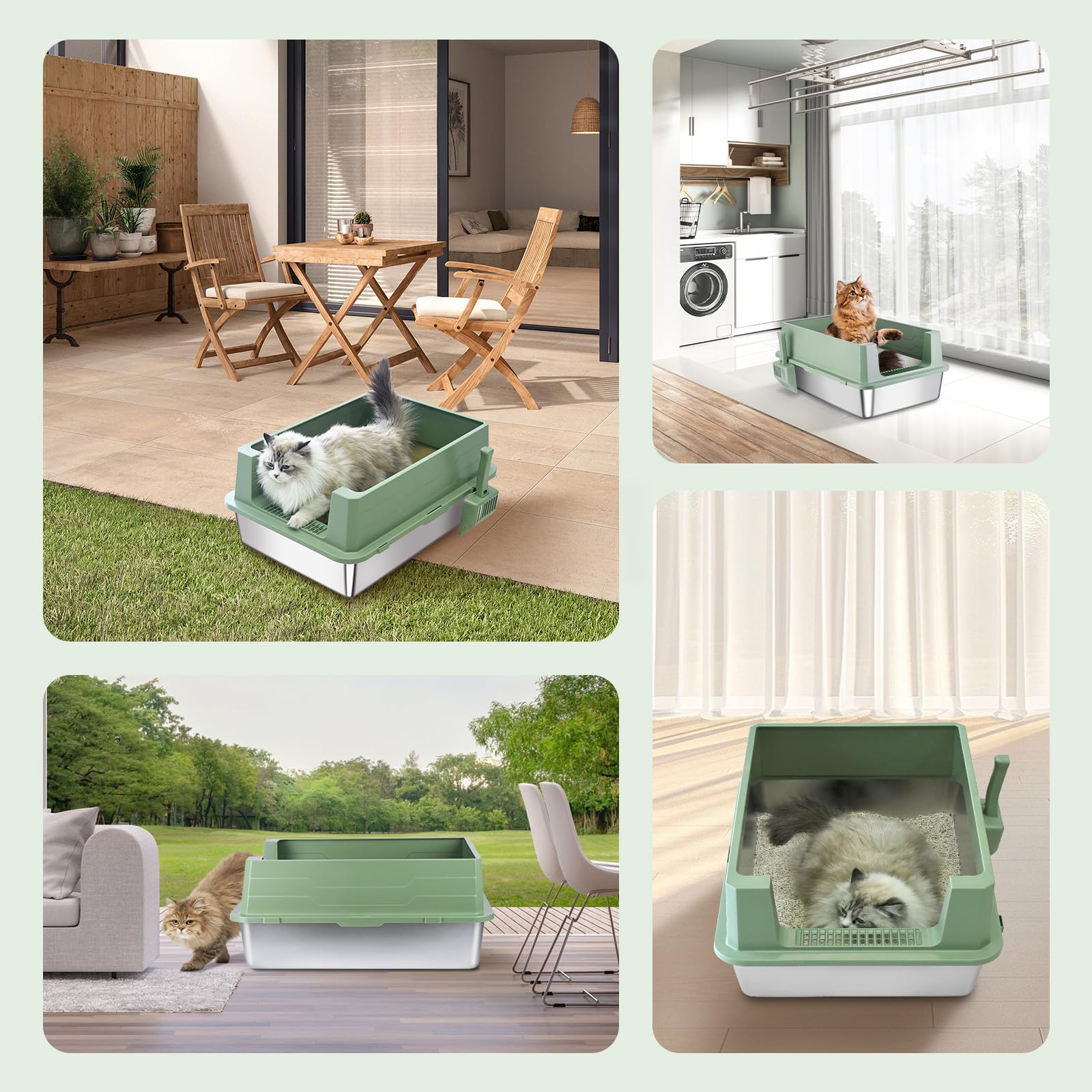 Homegroove XXXL Katzenklo Edelstahl, 70x50x30 cm Großes Katzenklo, Auslaufsichere Metall Katzentoilette für Große Katzen & Mehrkatzenhaushalte, Geruchsneutral & Einfach zu Reinigen (Grün)