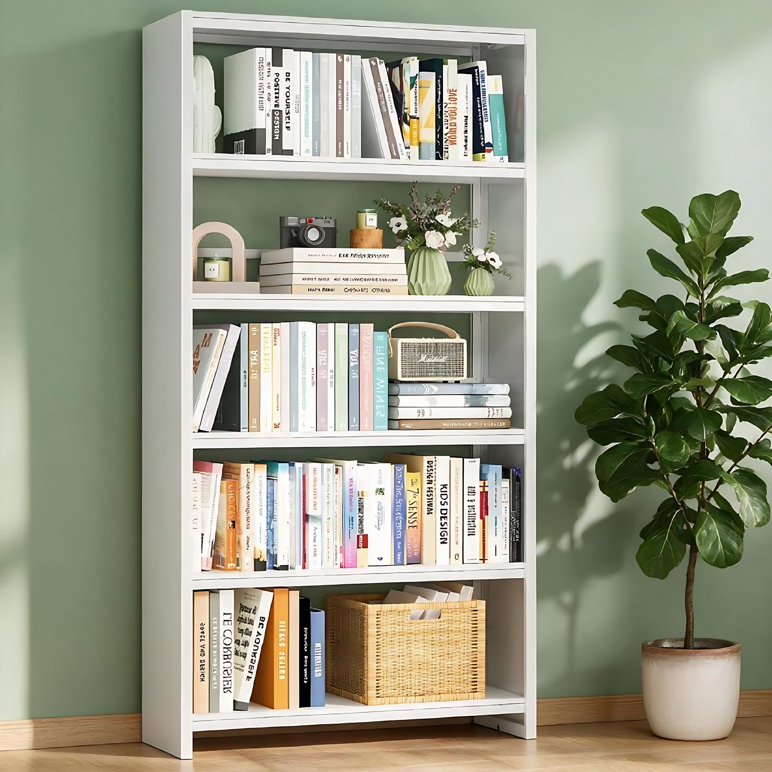 Metal White Bookshelf - 69.3" Tall Bookcase, 5 Tiers Display Storage Shelves with Bookend, Heavy Duty Steel Bookshelves for Living Room, Office, Bedroom, Study (White)