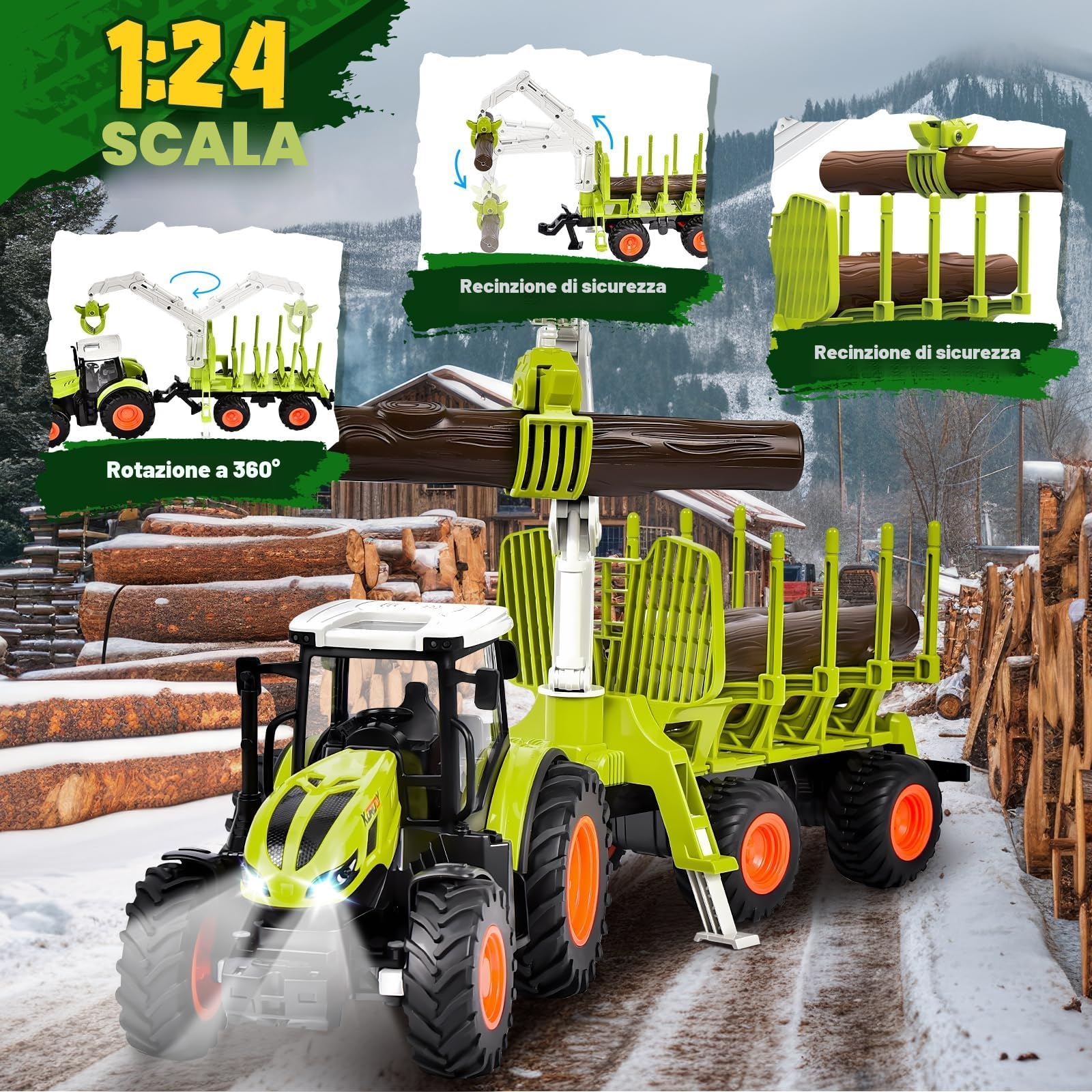 Aragallant RC Trattore Telecomandato per Bambini, Set di Trattore Radiocomandato - con Rimorchio Giocattolo, 2.4Ghz Telecomandato, Pinza e 3 Legname, Giocattoli per Bambini di 3, 4, 5, 6, 7 Anni