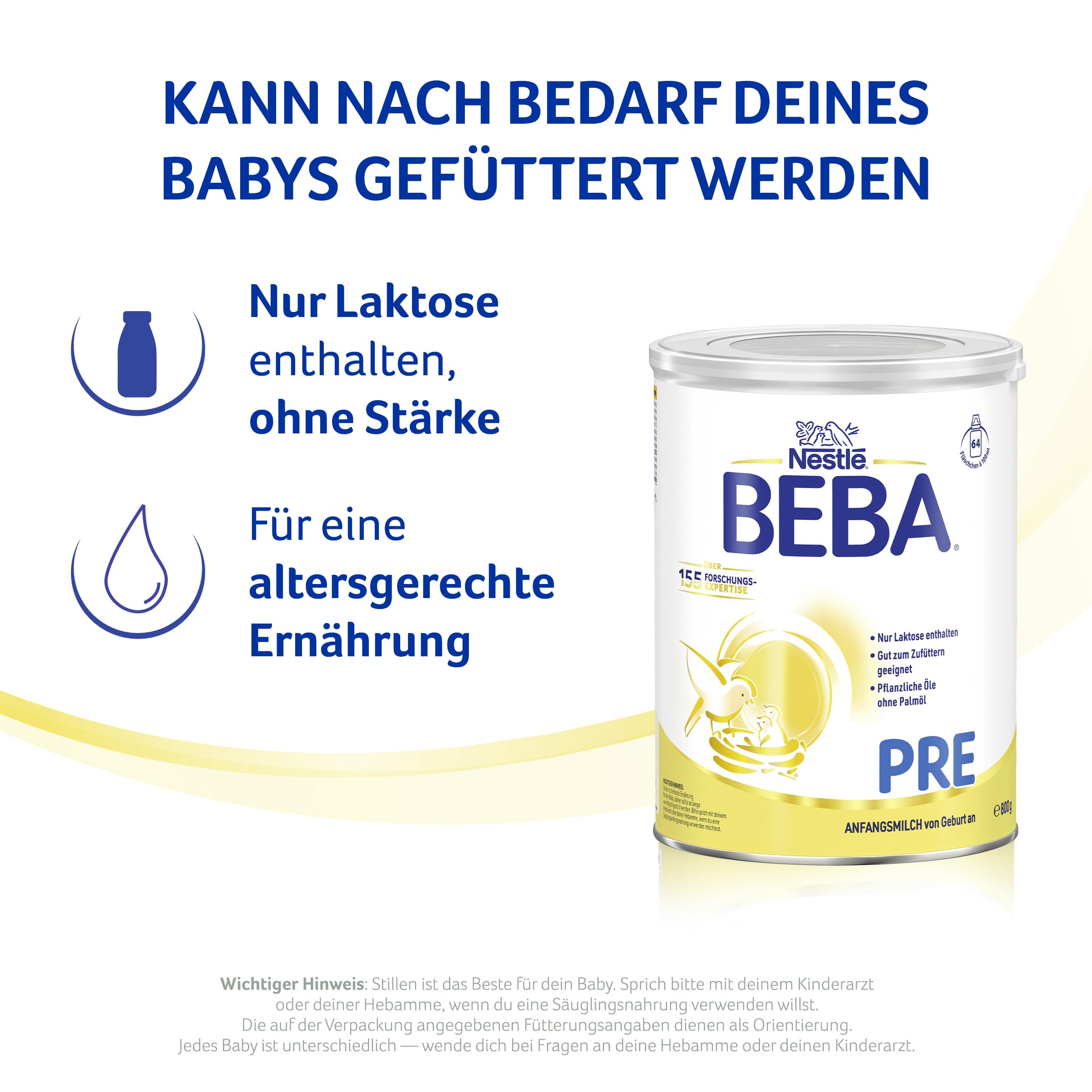 BEBA PRE - Anfangsmilch von Geburt an, Nur Laktose, Ohne Palmöl, Ohne Fischöl, Babynahrung, Baby-Milchpulver, 6er Pack (6 x 800g)