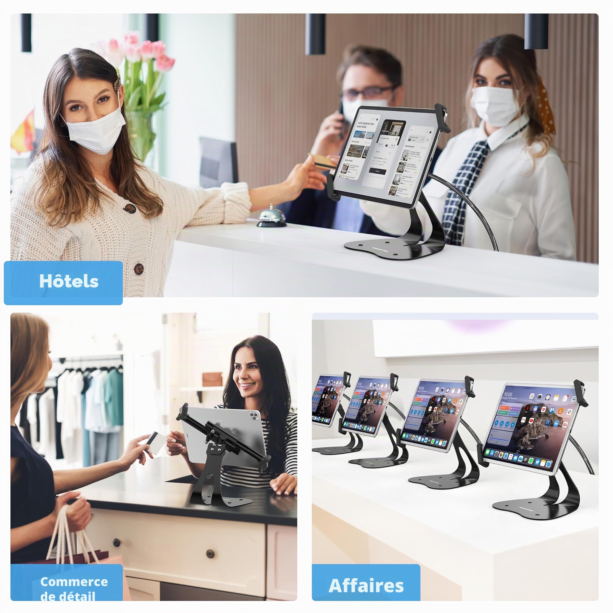 AboveTEK Support iPad Anti-Vol, Support Tablette POS Universel, Monture iPad Diagonale pour 7-13 Pouces, Galaxy avec Cordon de Sécurité, Pivot 360° pour Affaires & Commerce