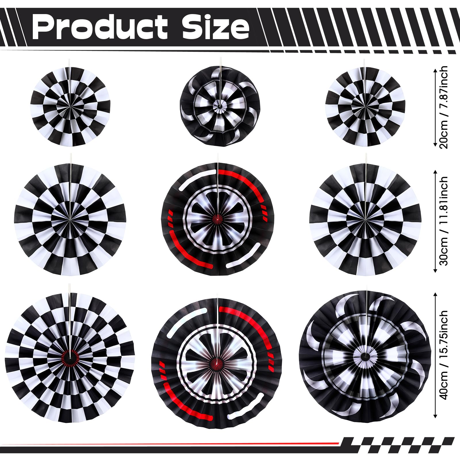 Outus 9 Pcs Monster Truck Birthday Party Decorations Racing Theme Paper Fans Black White Checkered Hanging Decor for Monster Truck Party Supplies Pre-Folded Wall Ceiling Decor for Birthday and Events