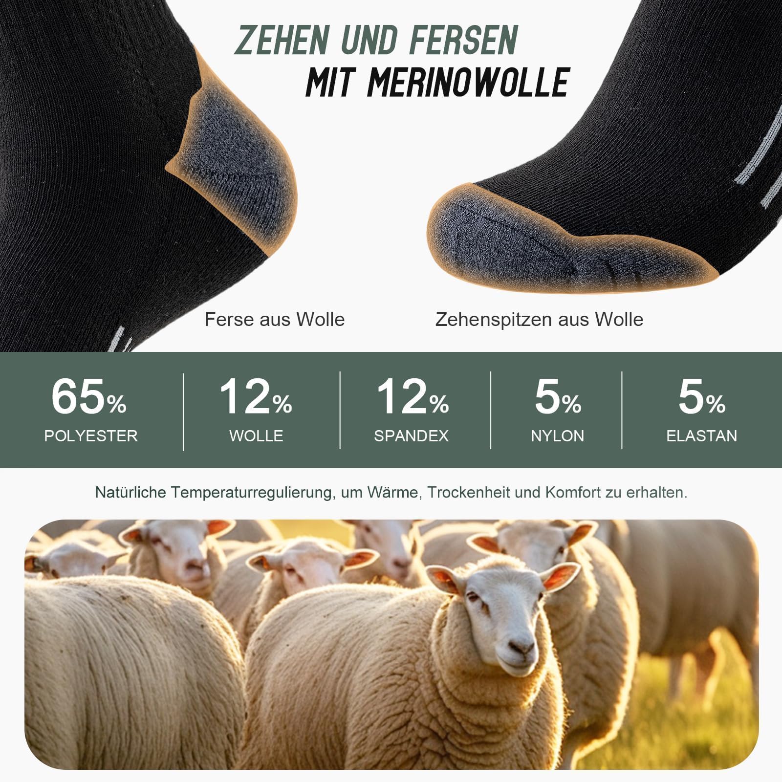 Niorasen Skarpety merino dla mężczyzn i kobiet, 6 par oddychających skarpet wełnianych skarpet z amortyzacją, przeciw pęcherzom, do biegania na świeżym powietrzu, rozm. 43-46, 37-42, 47-50
