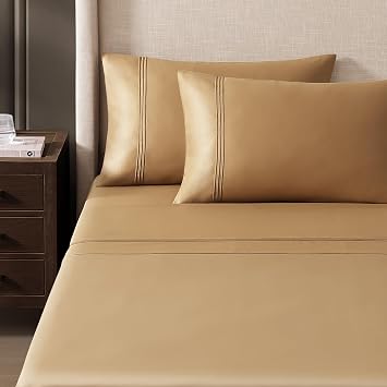 Pure Parima Triple Luxe Sateen Hotel Collection Sheet Set 100% Certified Egyptian Cotton, Baratta Embroidery, Queen, Honey