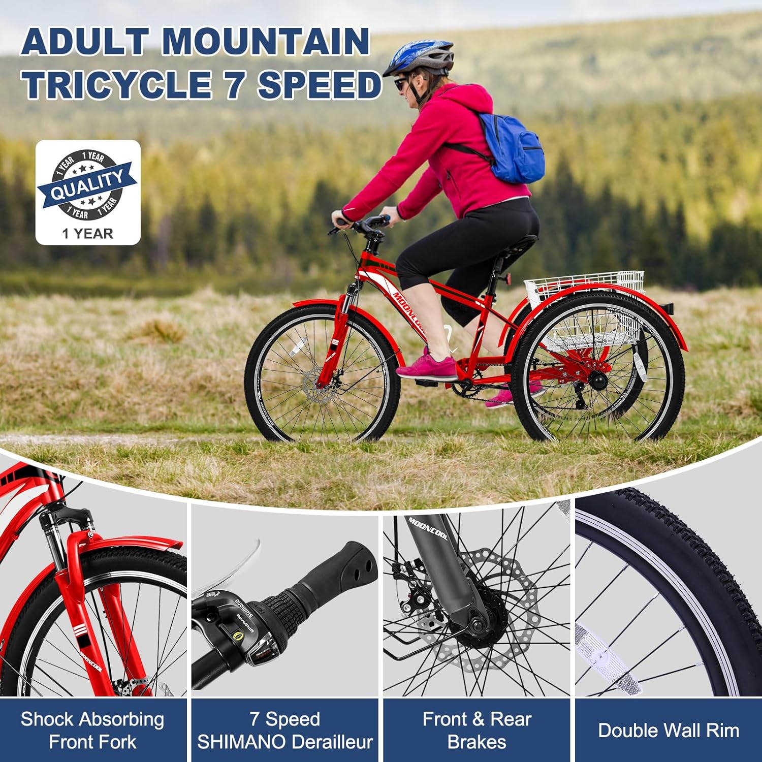 Barbella Adult Mountain Bike 7 Speed, 24/26/27.5 Inch Three Wheel Bike Mountain Tricycle Adult Tricycle Cruiser Trike, Adults Trikes with Shopping Basket, Exercise Men's Women's Tricycles, Red
