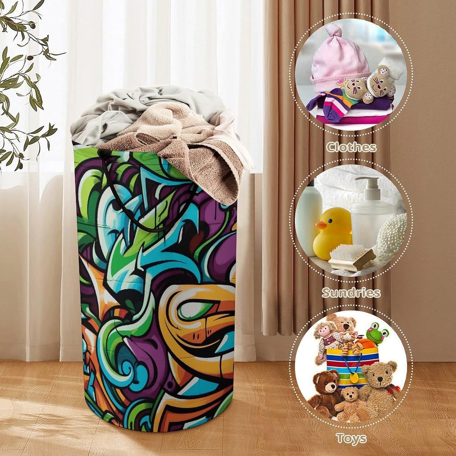 Graffiti Drawing Art Laundry Hamper with Handles Waterproof Collapsible Laundry Basket Large Lightweight Round Dirty Clothes Hamper for Home Dorm Bathroom Decor