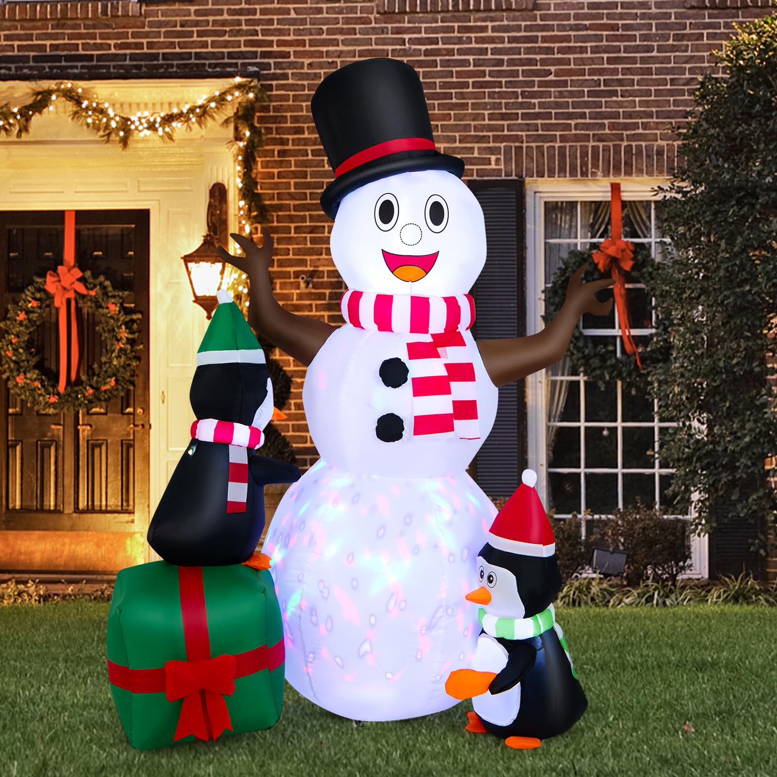 COSTWAY 180CM Aufblasbarer Schneemann mit Pinguinen, Weihnachten Deko draußen XL, Weihnachtsdeko Outdoor mit bunten LED Lichtern, Festdekoration selbstaufblasend