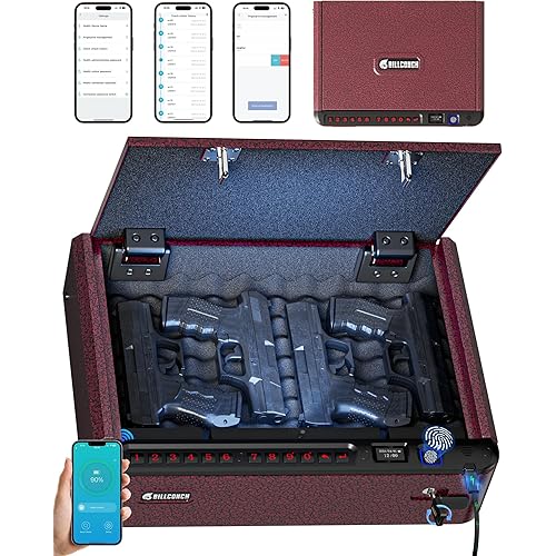 BILLCONCH Smart Gun Safe with Security Cable - Biometric Gun Safe for Handgun 4 Ways Quick Access with Fingerprint/Keypad/Key/APP Lock for Bedside Home Car with LCD/Voice Guide - Burgundy Red