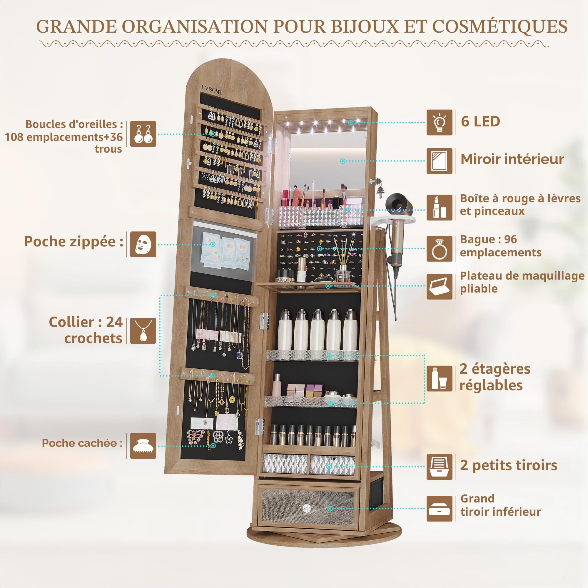 LVSOMT LED Armoire à bijoux avec Miroir Arqué, Rotative à 360 Armoire Bijoux Miroirs avec éclairage, Grande Arc Miroirs sur pied avec Rangement de bijoux, Miroir Bijoux Bois Verrouillable, Bois Marron