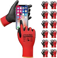 Vista 25 de DULFINE Guantes de trabajo de seguridad con revestimiento de poliuretano para hombres y mujeres - 12 pares, guante de punto sin costuras negro