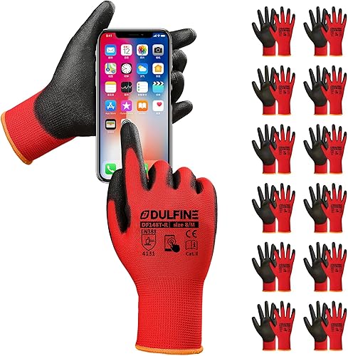 Vista 56 de Guantes de trabajo de seguridad con revestimiento de poliuretano, 12 pares, guantes de punto sin costuras azul con revestimiento de poliuretano