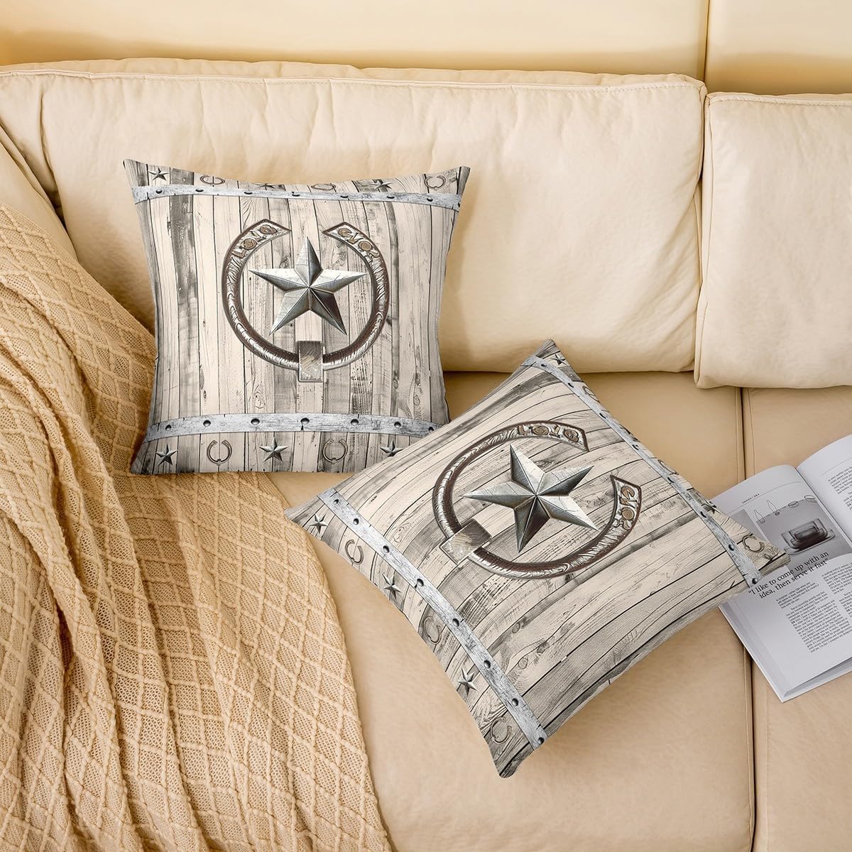 Western Texas Star Pillow Covers 24x24 inch Set of 2, Rustic Farm Stars Horseshoe Throw Pillow Covers, Retro Grey Wooden Barn Door Cushion Covers, Farmhouse Cowboys Cabin Decorative Pillow Covers