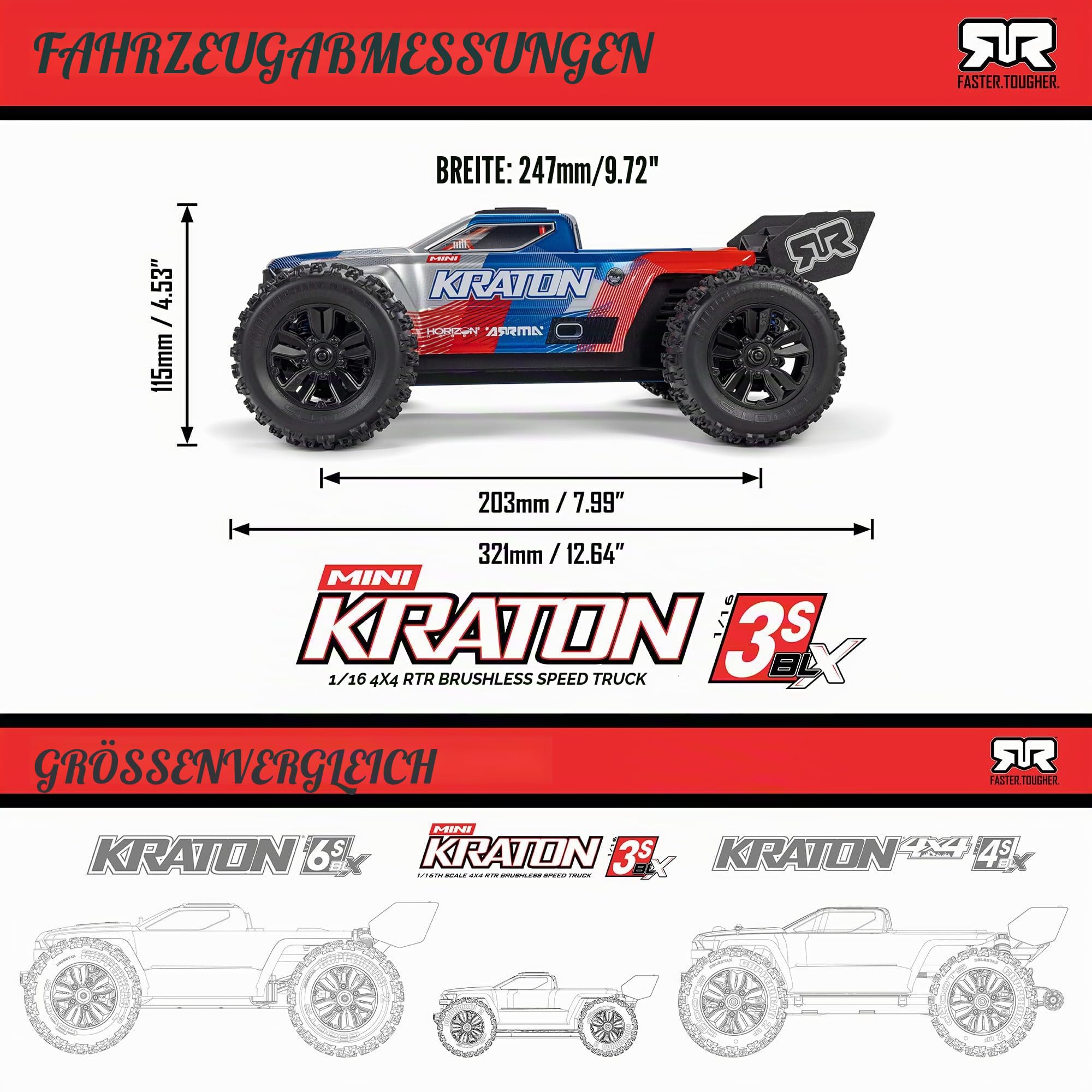 ARRMA 1/16 Mini KRATON 3S DSC 4X4 RTR – Brushless Speed Monster Truck – 80+ km/h High-Speed Basher – Schwarz/Rot | RC Auto, Batterie und Ladegerät nicht enthalten ARA2508T1