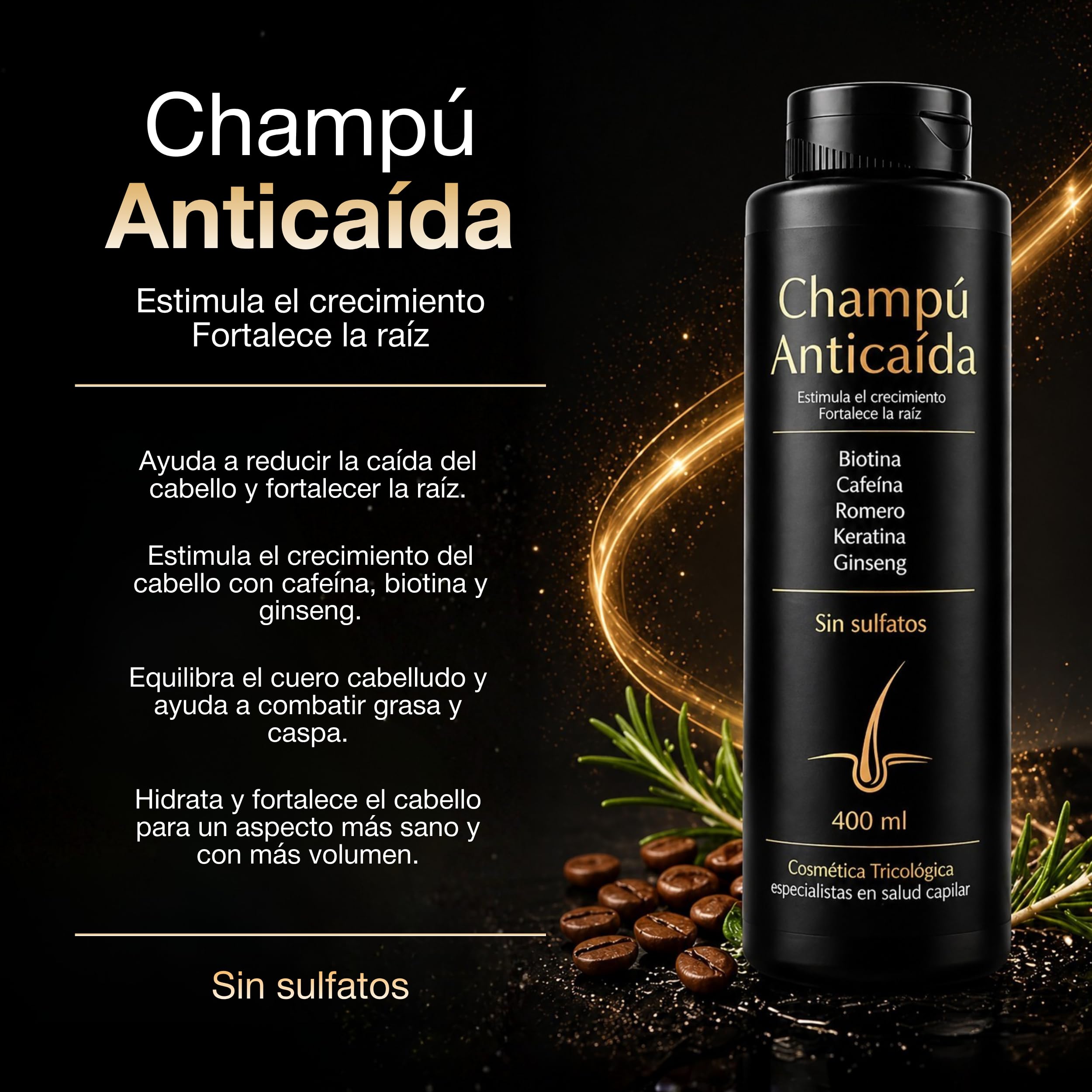 Champu Anticaida Hombre y Mujer 400ml | Formula Completa de Champu Cafeina + Biotina + Ginseng + Vitaminas Para el Pelo | Estimula el Crecimiento, Fortalece la Raíz | Sin Sulfatos | Uso Diario — view 2