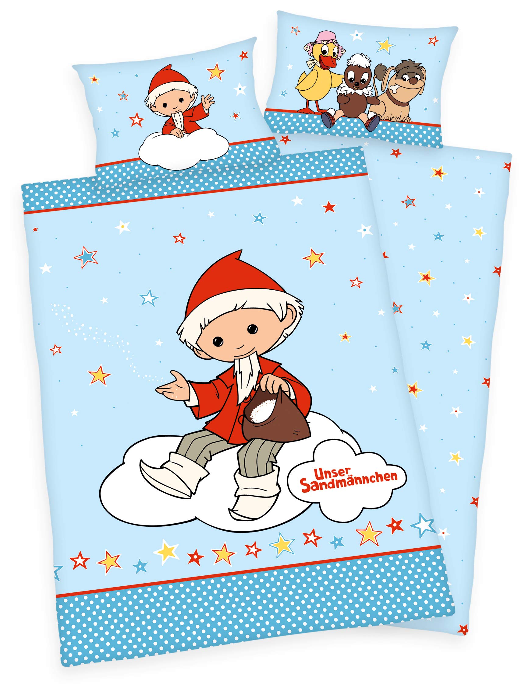 Unser Sandmännchen Bettwäsche, Schnatterinchen, Pittiplatsch, Moppi 40x60cm + 100x135cm, 100% Baumwolle mit Reißverschluss