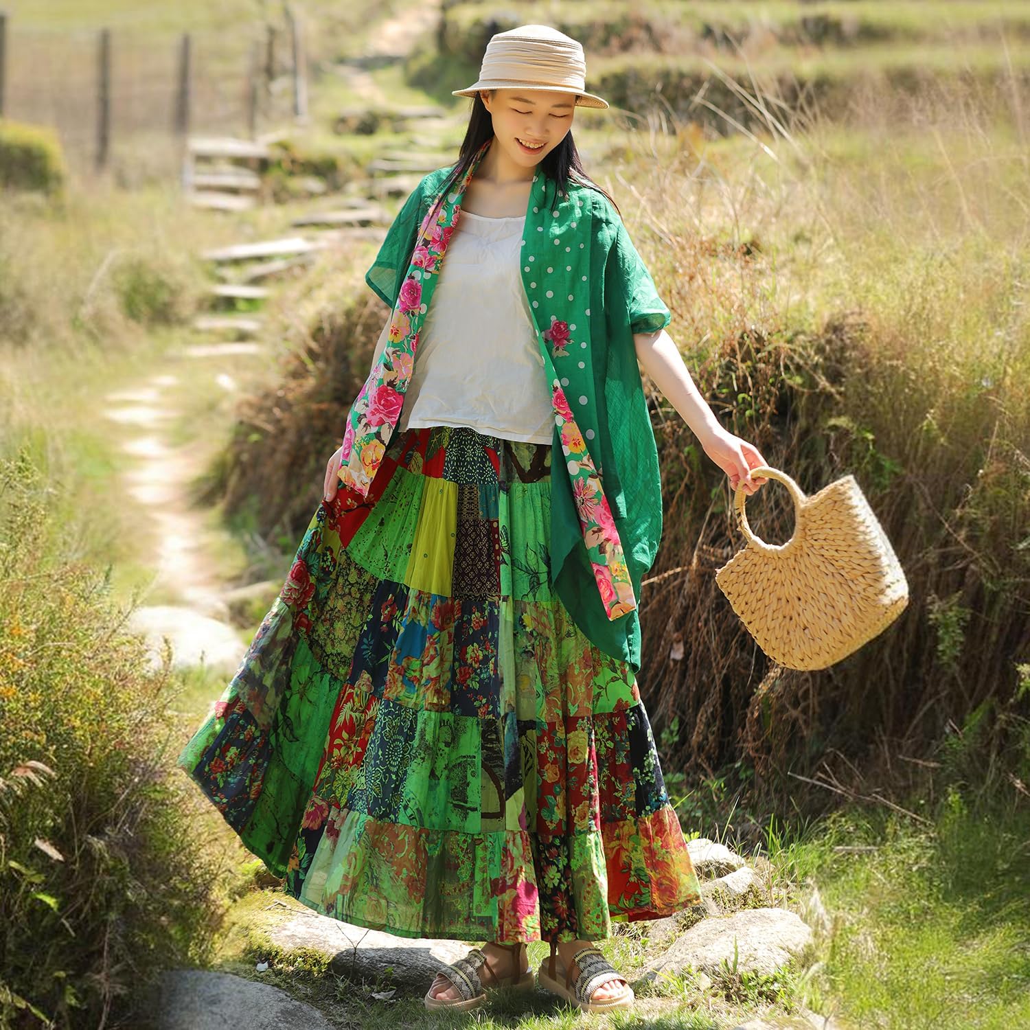 Boho Women Printed Cotton Linen Maxi Skirt Casual Patchwork Skirt Beach Travel Outfit