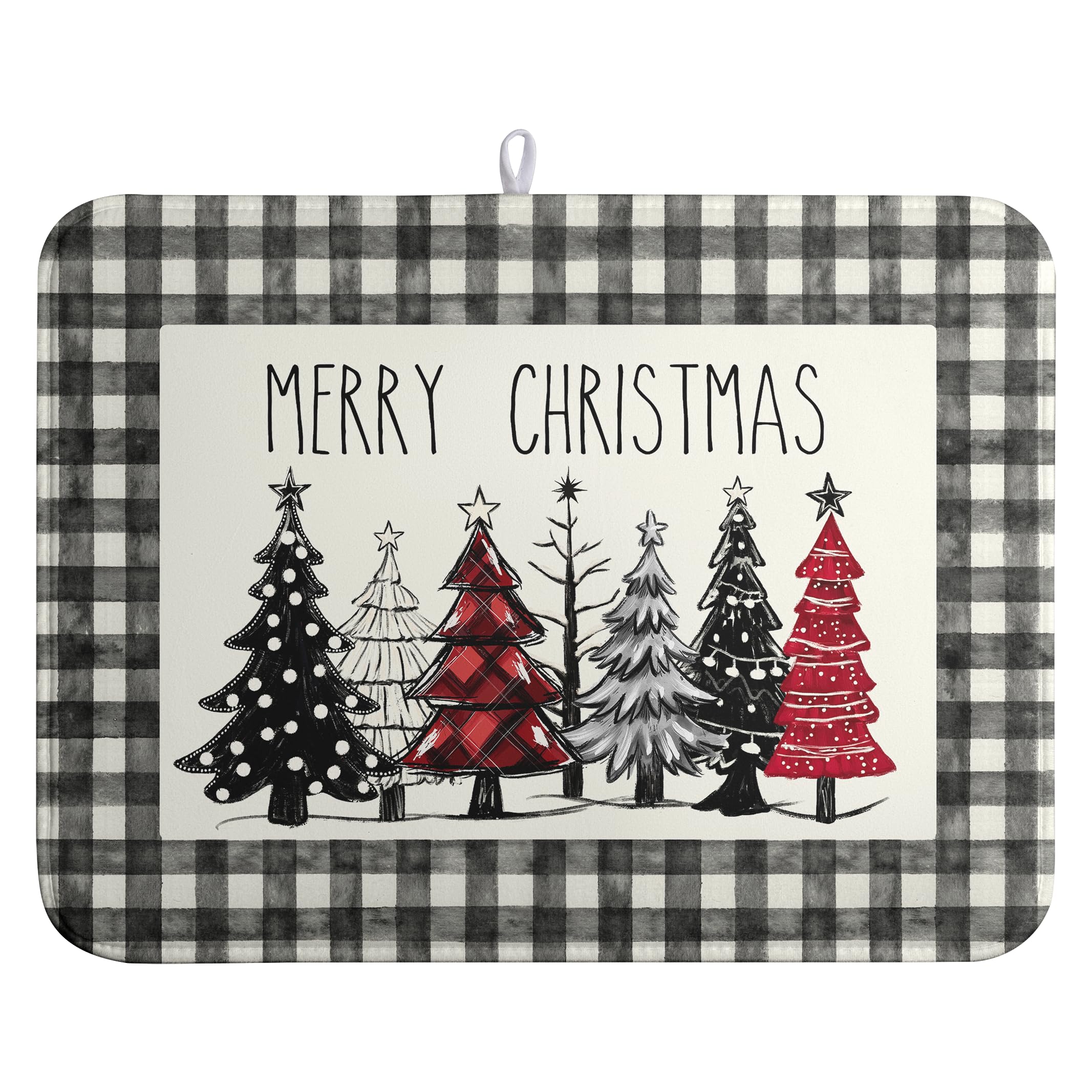 Merry Christmas Dish Drying Mat Buffalo Plaid Large Kitchen Mats Dish Drying Pad Xmas Christmas Tree Absorbent Dish Dryer Mat for Kitchen Countertops Microfiber Drainer Pad Dish Drying Mats (18x24 in)