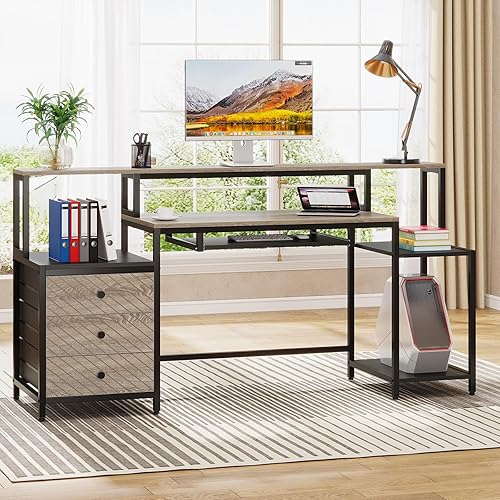 Miniatura 3 de Tribesigns Escritorio para computadora con 3 cajones, escritorio de oficina en casa de 63 pulgadas con estante para monitor, escritorio industrial
