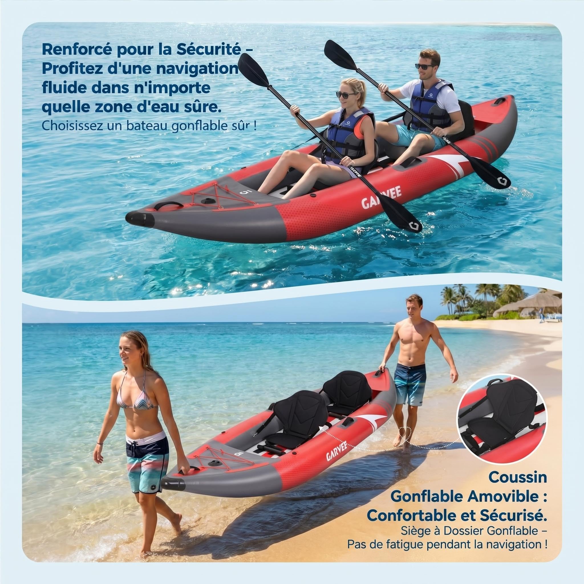 Garvee Kayak Gonflable 2 Personnes 12,5 Pieds – Siège rembourré, 3 ailerons – PVC Robuste, Pliable – Pompe, Sac, kit réparation – Capacité 204 kg – Pêche et Loisirs – Taille 381×95×42 cm
