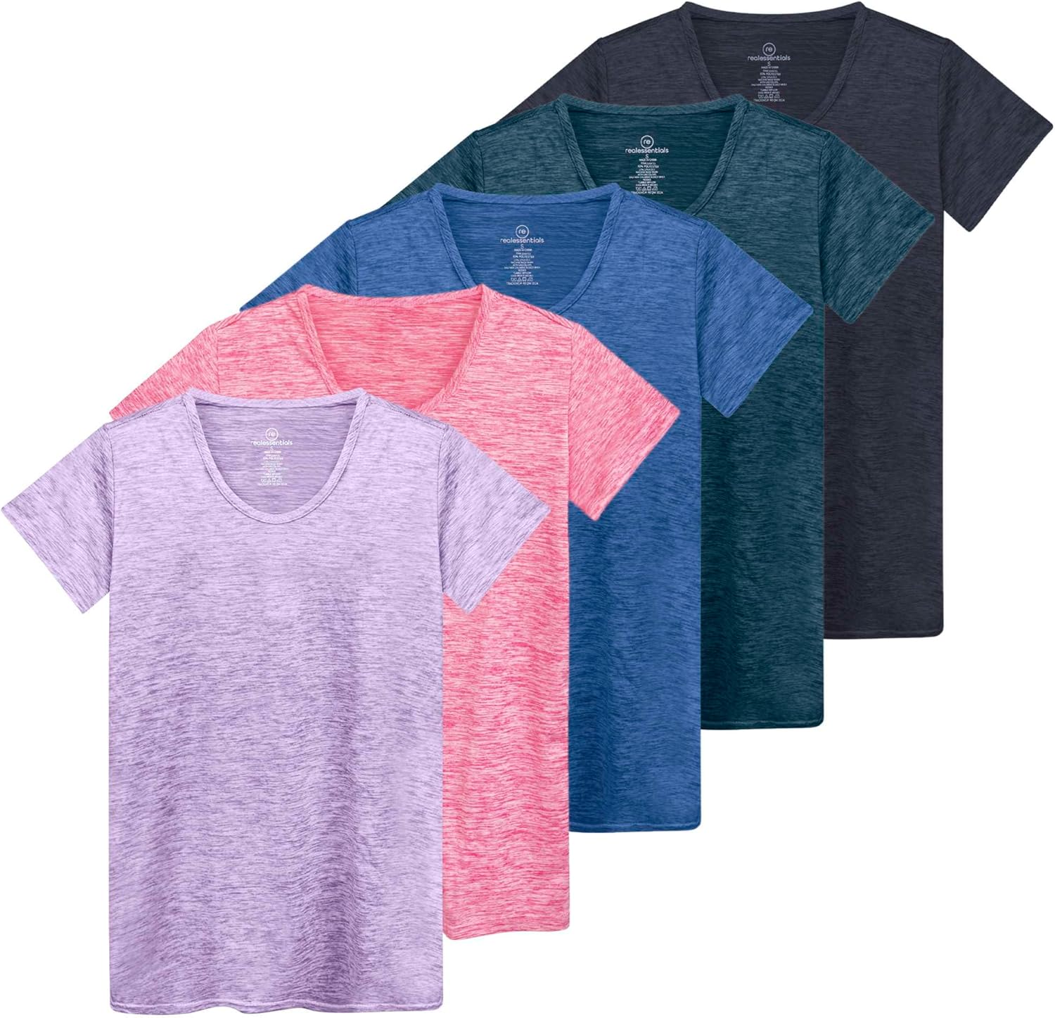 Real Essentials 5 Pack: Women’s Dry Fit Tech Stretch Short-Sleeve Crew Neck Athletic T-Shirt (Available in Plus Size)