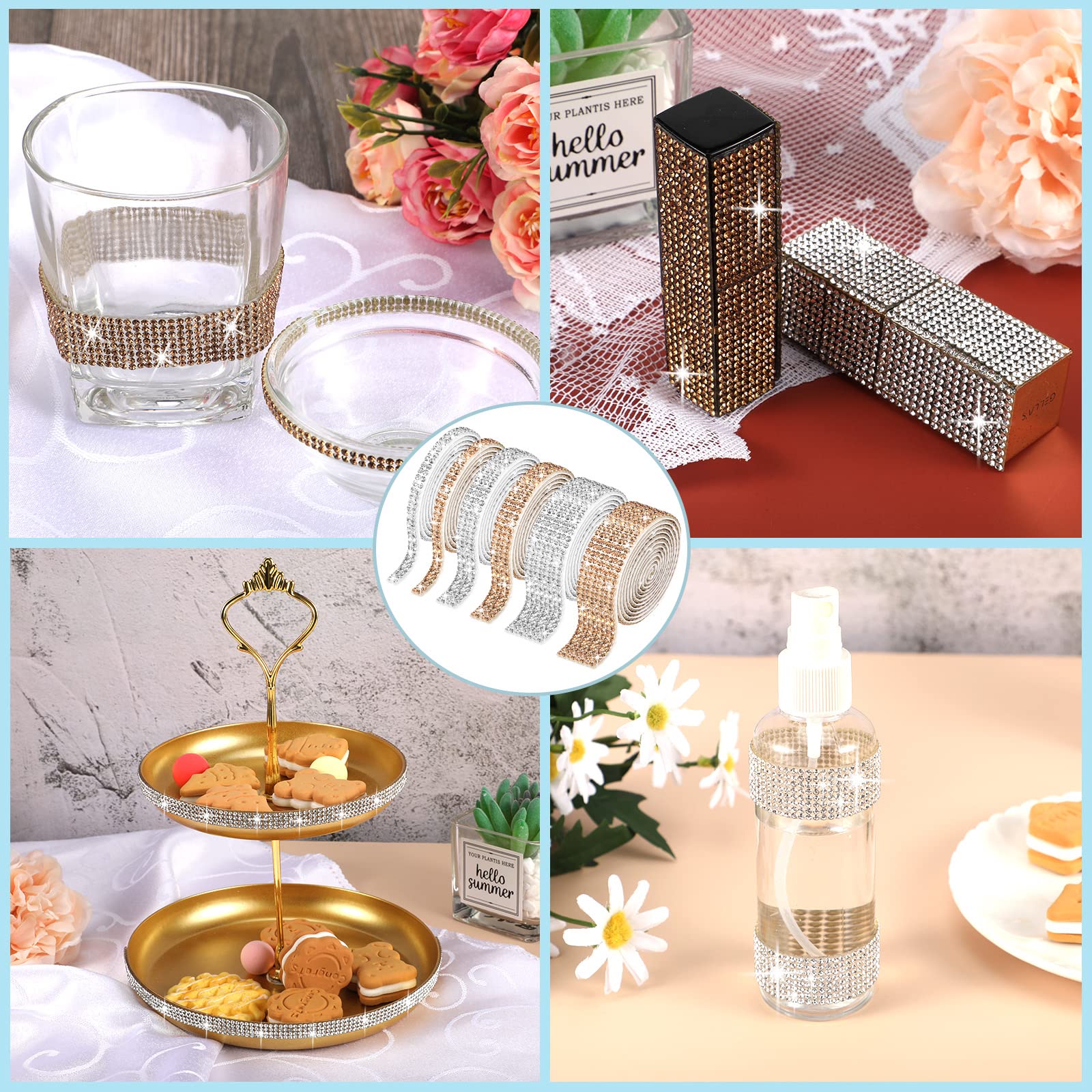 6 Rolls Rhinestone Ribbon Self Adhesive Bling Crystal Diamond Strips Sticker 6 Yards Glitter Silver Gold Faux Ribbon for Arts Craft Event DIY Car Phone Decoration(Gold, Silver)