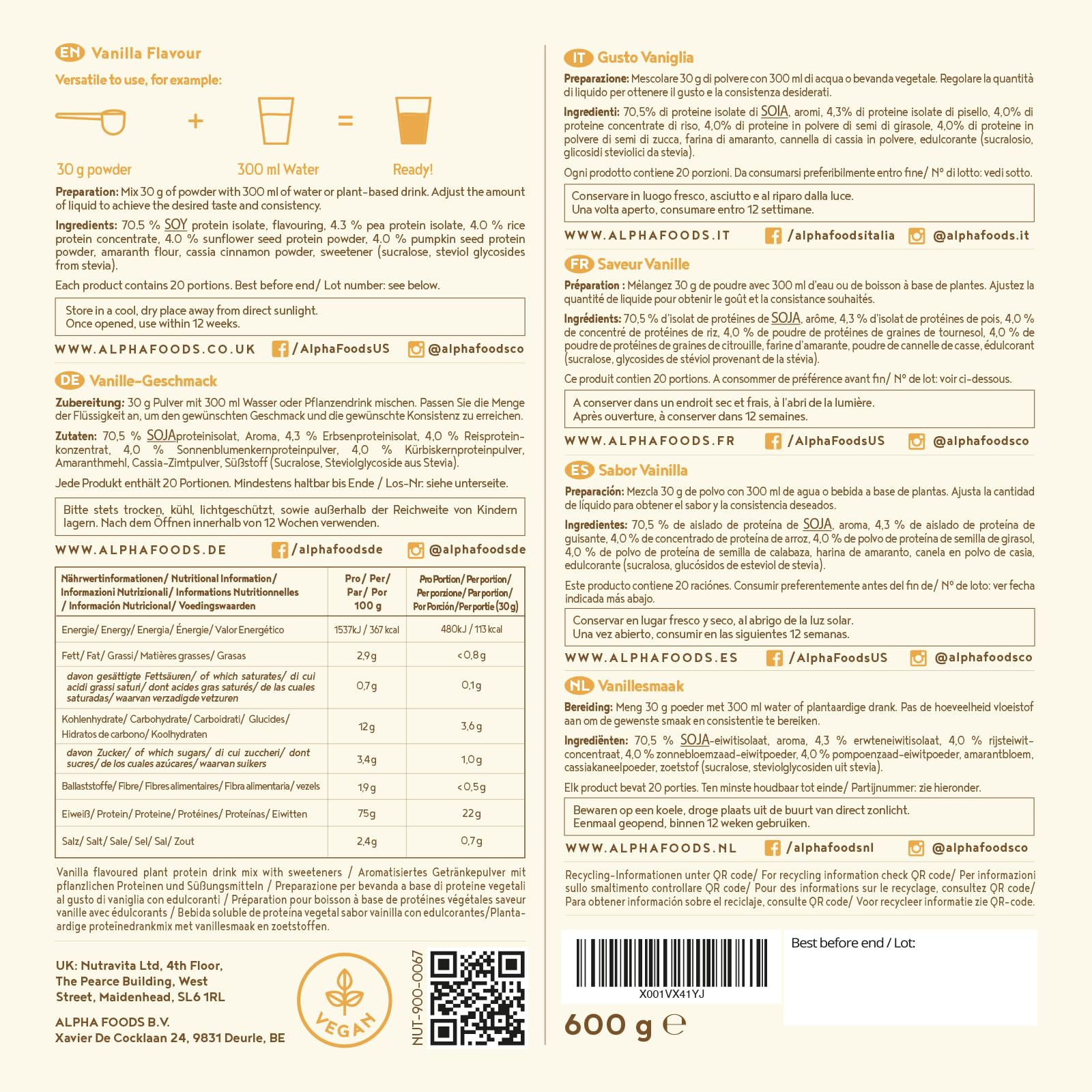 Alpha Foods Vegan Protein Pulver, 1200g, 22g Proteingehalt pro Portion, Vanille Geschmack, 40 Shake Portionen, pflanzliches Proteinpulver, optimales Aminosäurenprofil