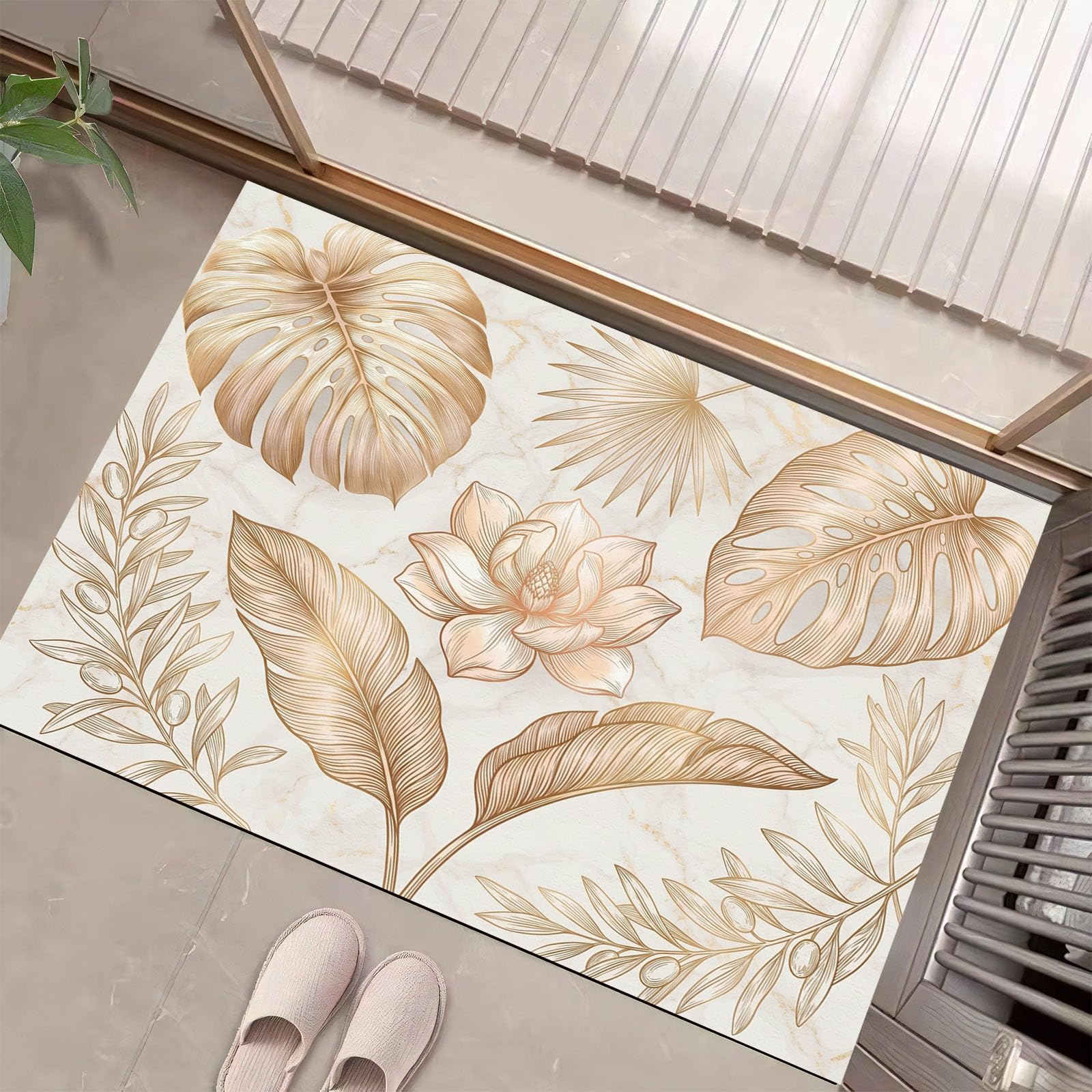 Tapis d'entrée intérieur 60 x 90 cm paillasson antidérapant motifs plantes beige