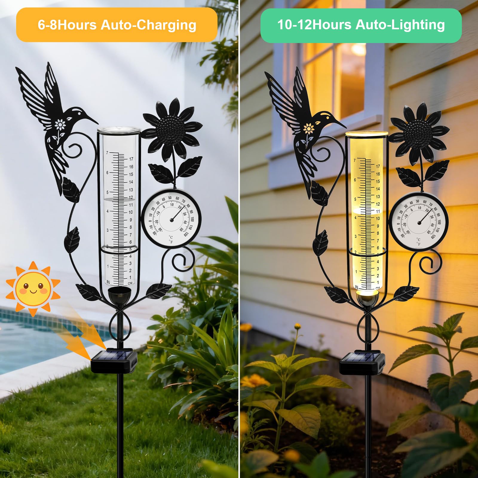 YJFWAL Kolibri-Regenmesser für den Außenbereich, dekorativer Metall-Sonnenblumen-Solar-Regenmesser mit LED-Licht und Thermometer, Gartendekoration für Hof, Rasen, Weg, Bauernhof