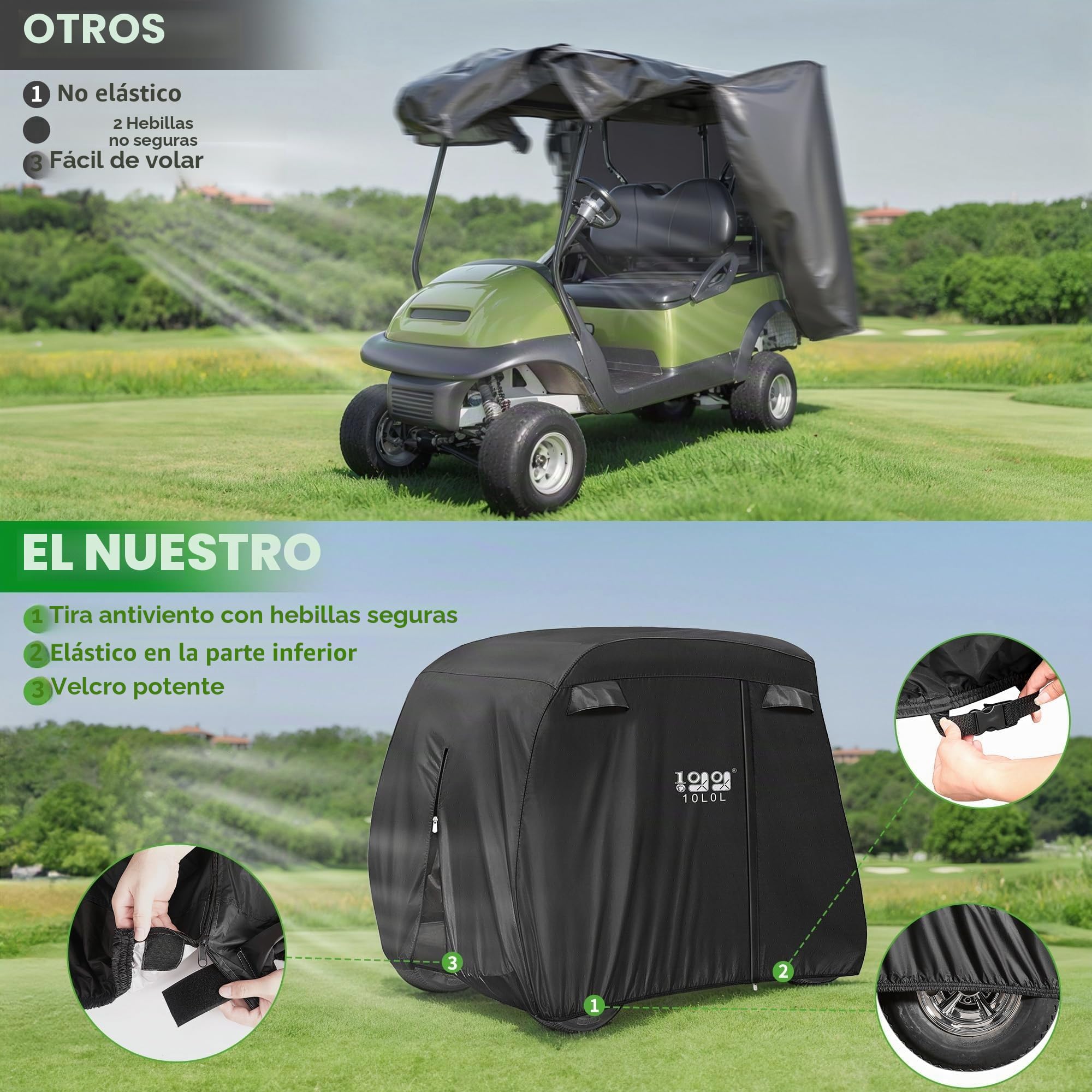 10L0L Funda para Carrito de Golf para Yamaha/EZGO/Club Car 4 pasajeros, Carcasa de poliéster Resistente al Agua 400D con 3 Puertas con Cremallera, Resistente al Viento, Color Negro