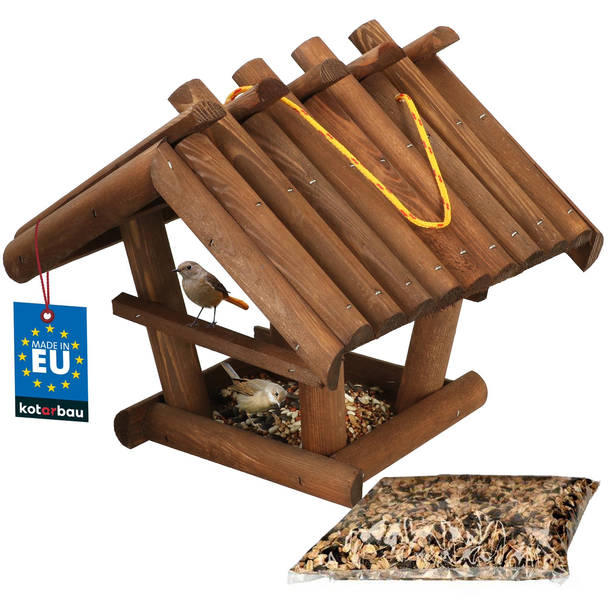 KOTARBAU® Mangeoire Oiseaux à Suspendre - Bois - 27x28x26 cm - Naturel - Mangeoire Oiseaux Extérieur - avec Ourriture Oiseau 0,5 kg - Marron