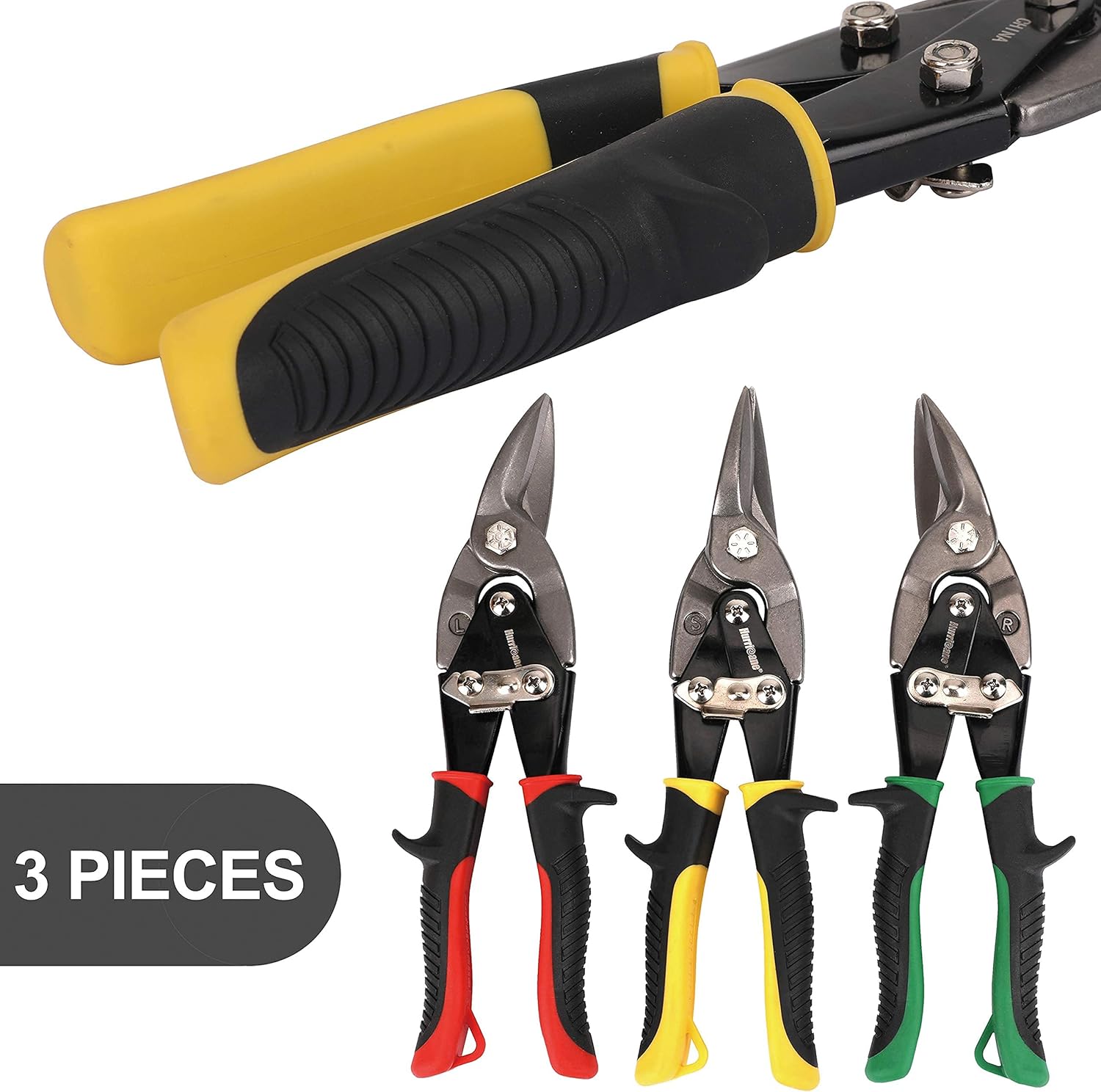 HVAC 3 Piece Aviatin Tin Snips Set, Straight, Left, Right Cut with 6 Inch Hand Seamers Non Slip Handles
