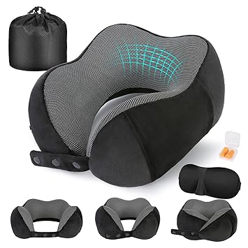 Cirorld Travel Pillow for Airplane, Neck Pillow for Travel, Memory Foam Travel Neck Pillow for Adults, Adjustable & Compact Flight Pillow, Ergonomic Neck Cushion, With Ear Plugs, Eye Mask, Carry Bag - image, photos