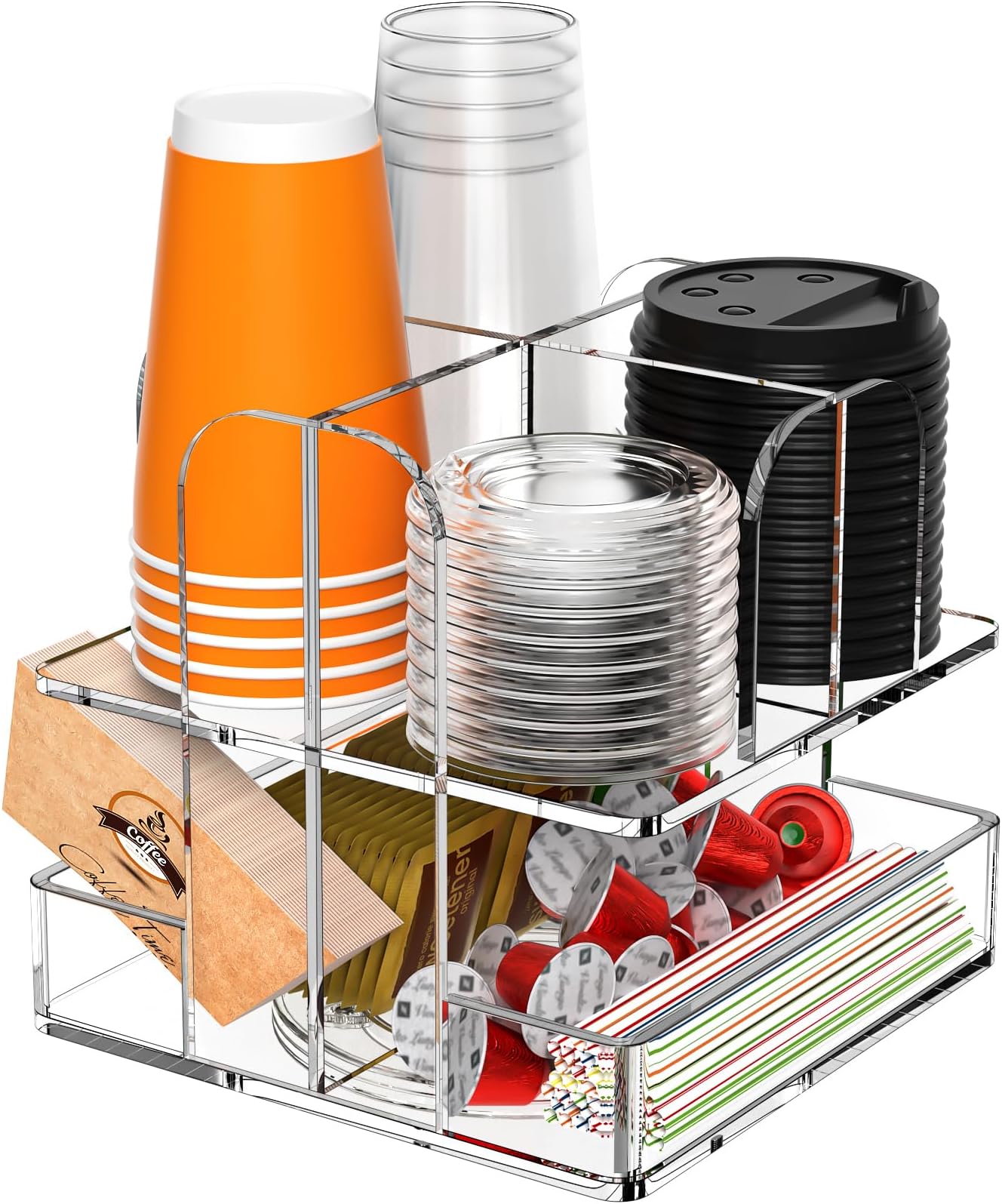 Beego Rotatable 6 Compartment Clear Acrylic Cup Dispenser - Coffee Station Cup and Lid Carousel Countertop Plastic Cup Holder for Restaurant Breakroom Coffee Bar
