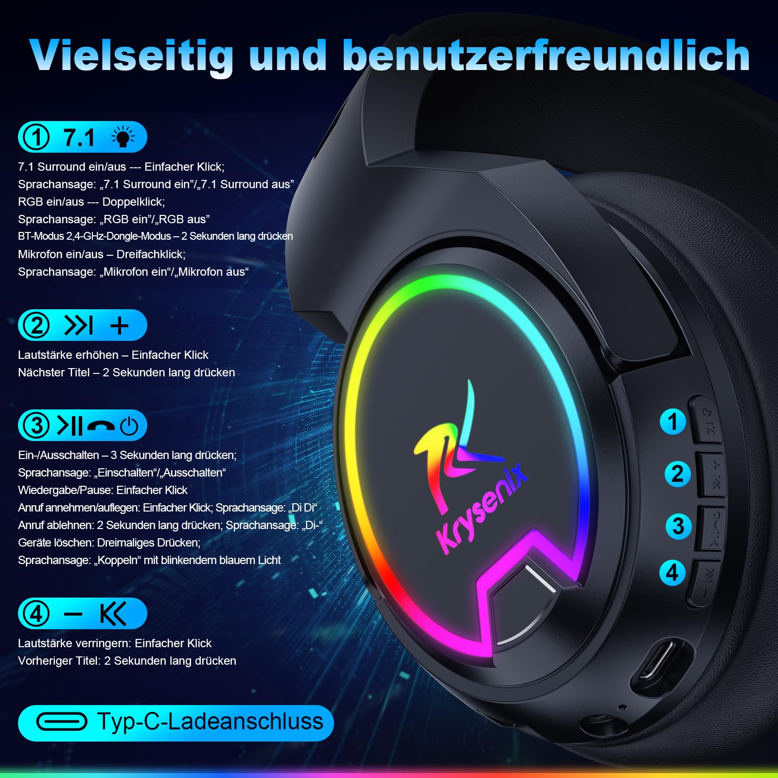Krysenix PG4 2.4GHz Gaming Headset Wireless für PS4, PS5, PC, Mac, Switch, 48H Gaming Headset mit Noise Cancelling Mikrofon, Kabelloses Bluetooth Headset mit LED-Lichtern, Surround Sound, Rußschwarz